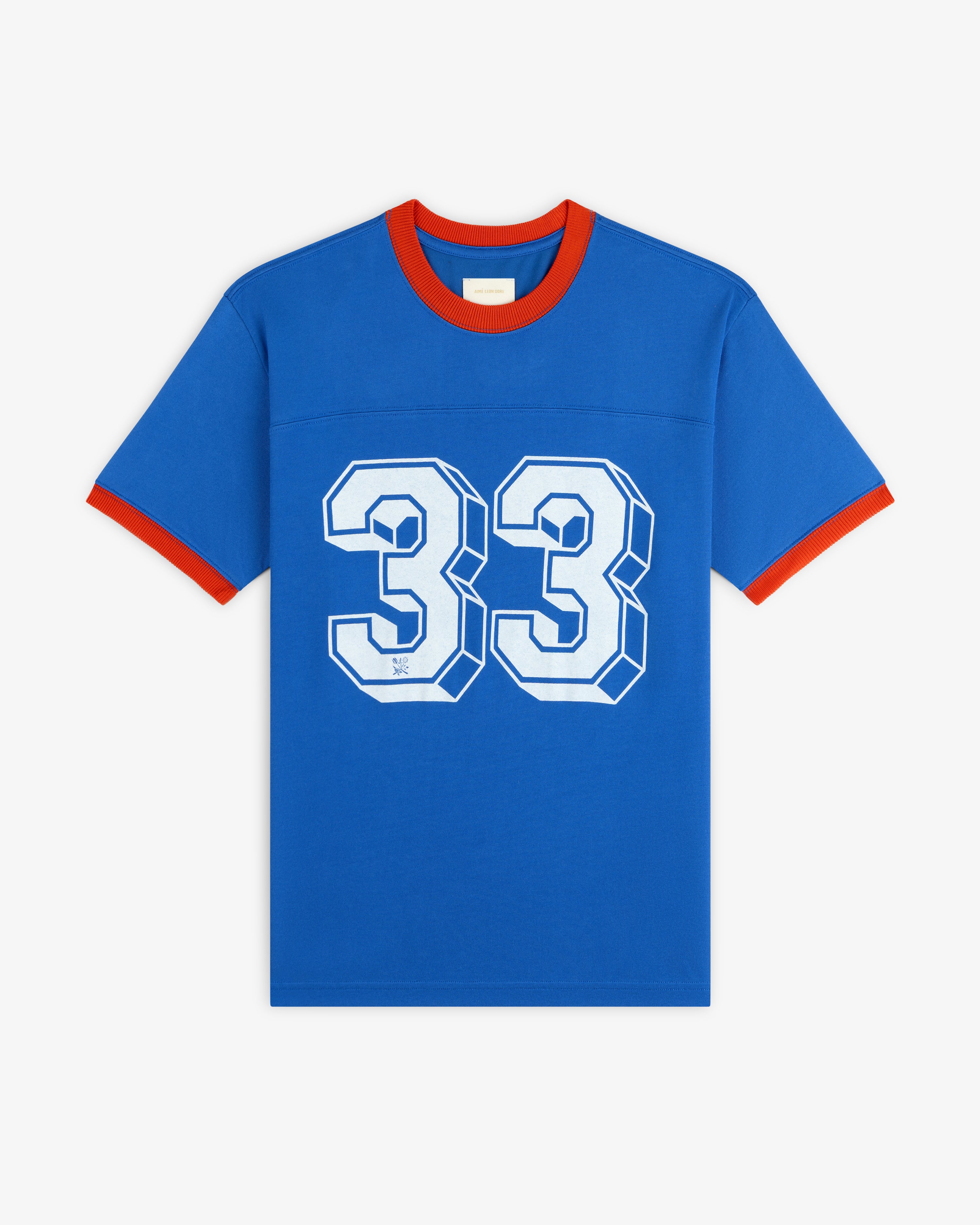 Football Ringer Tee in blue with red neck and sleeve trim and the number 33 in white on the chest.