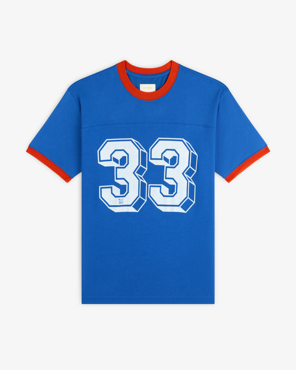 Football Ringer Tee in blue with red neck and sleeve trim and the number 33 in white on the chest.