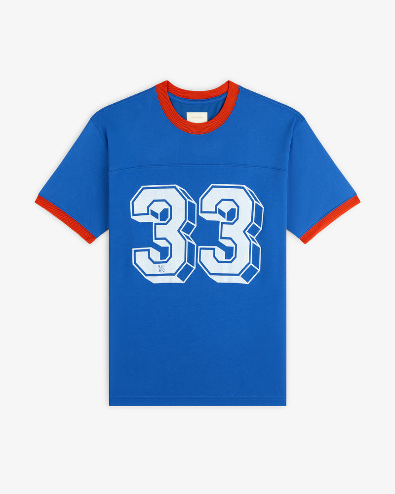 Football Ringer Tee in blue with red neck and sleeve trim and the number 33 in white on the chest.