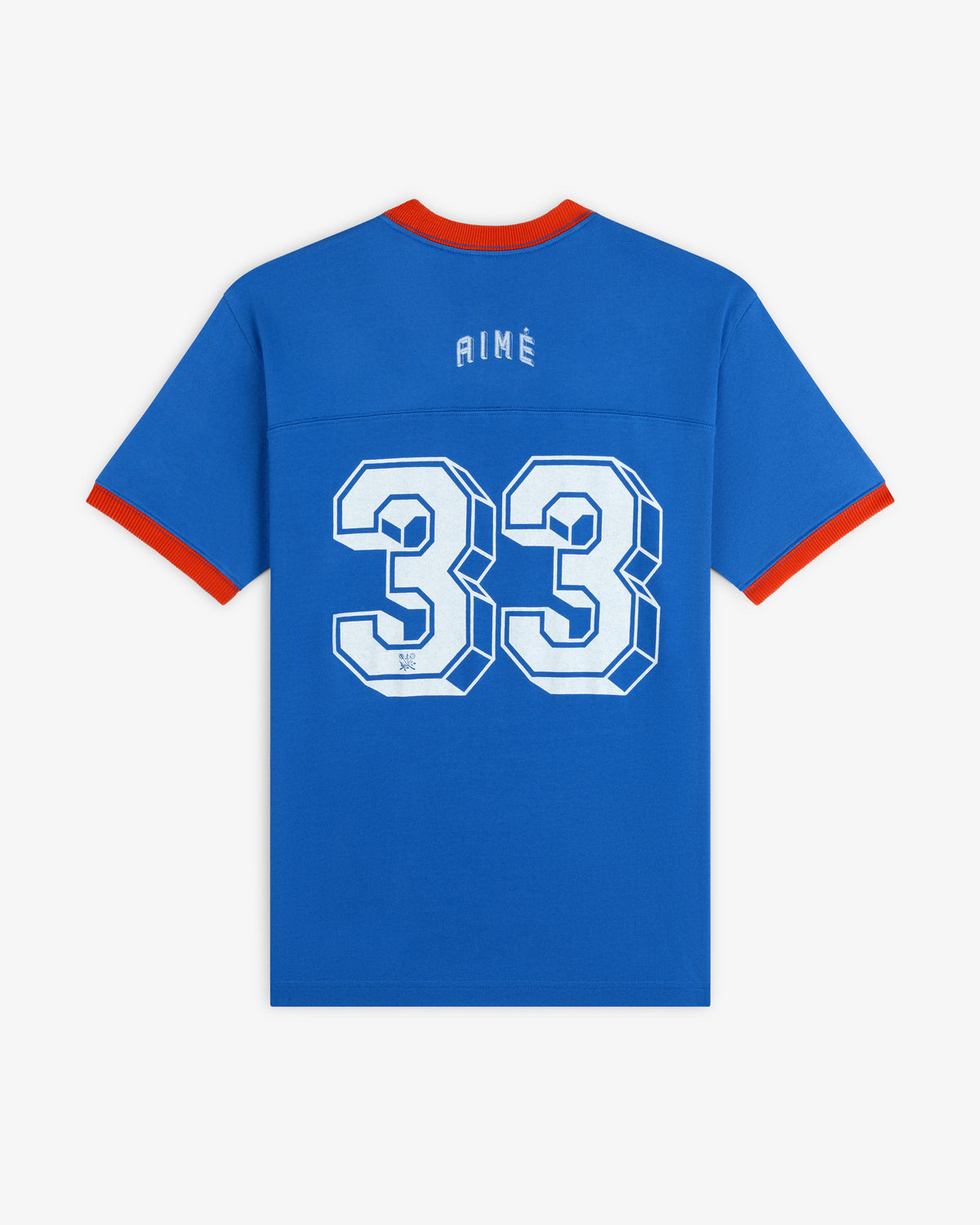 Football Ringer Tee in blue with orange trim, featuring the number 33 and the word AIME on the back.