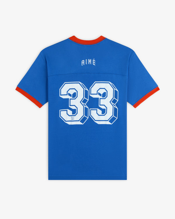 Football Ringer Tee in blue with orange trim, featuring the number 33 and the word AIME on the back.
