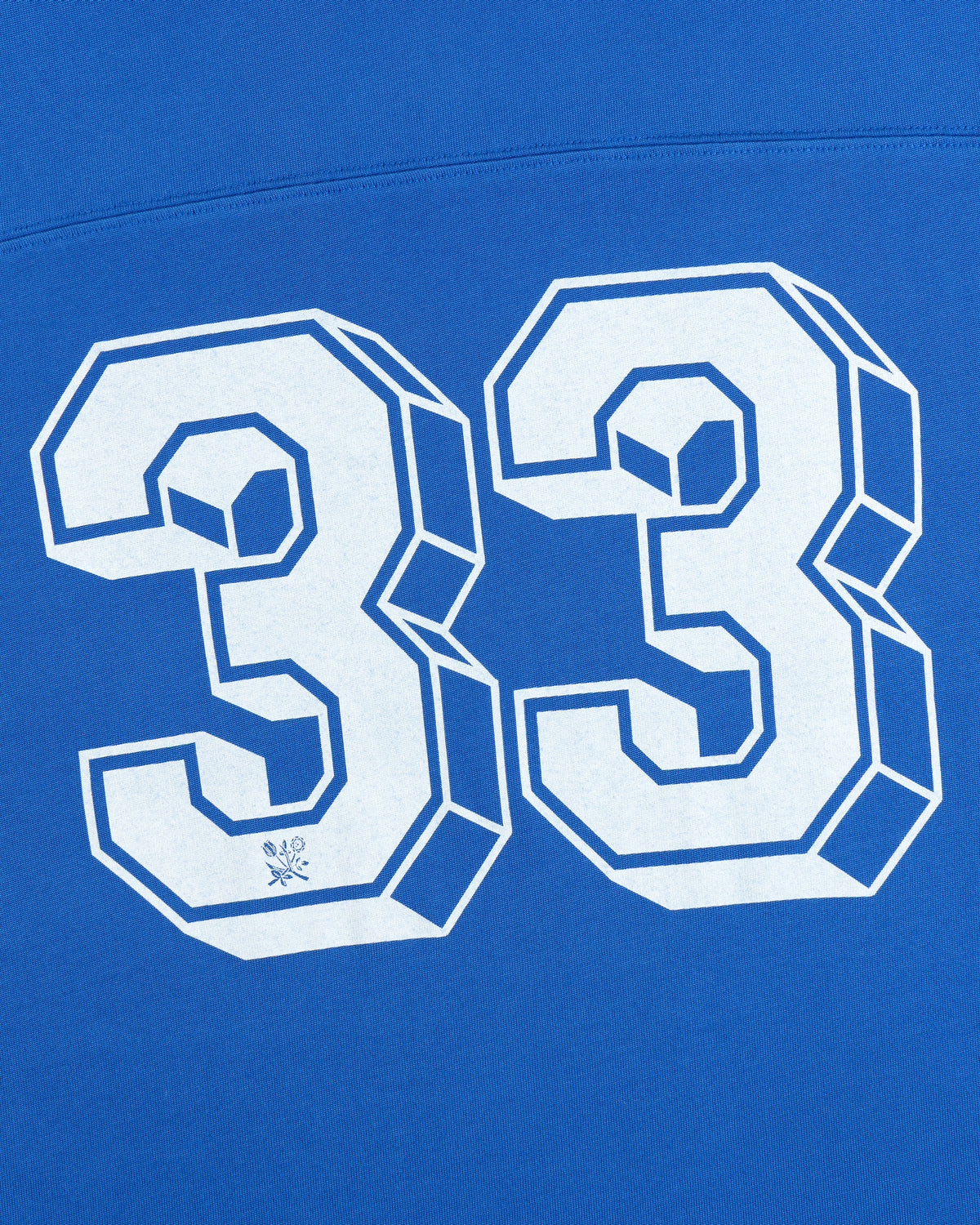 Football Ringer Tee featuring blue fabric with 3D-effect white block-style numbers 33.
