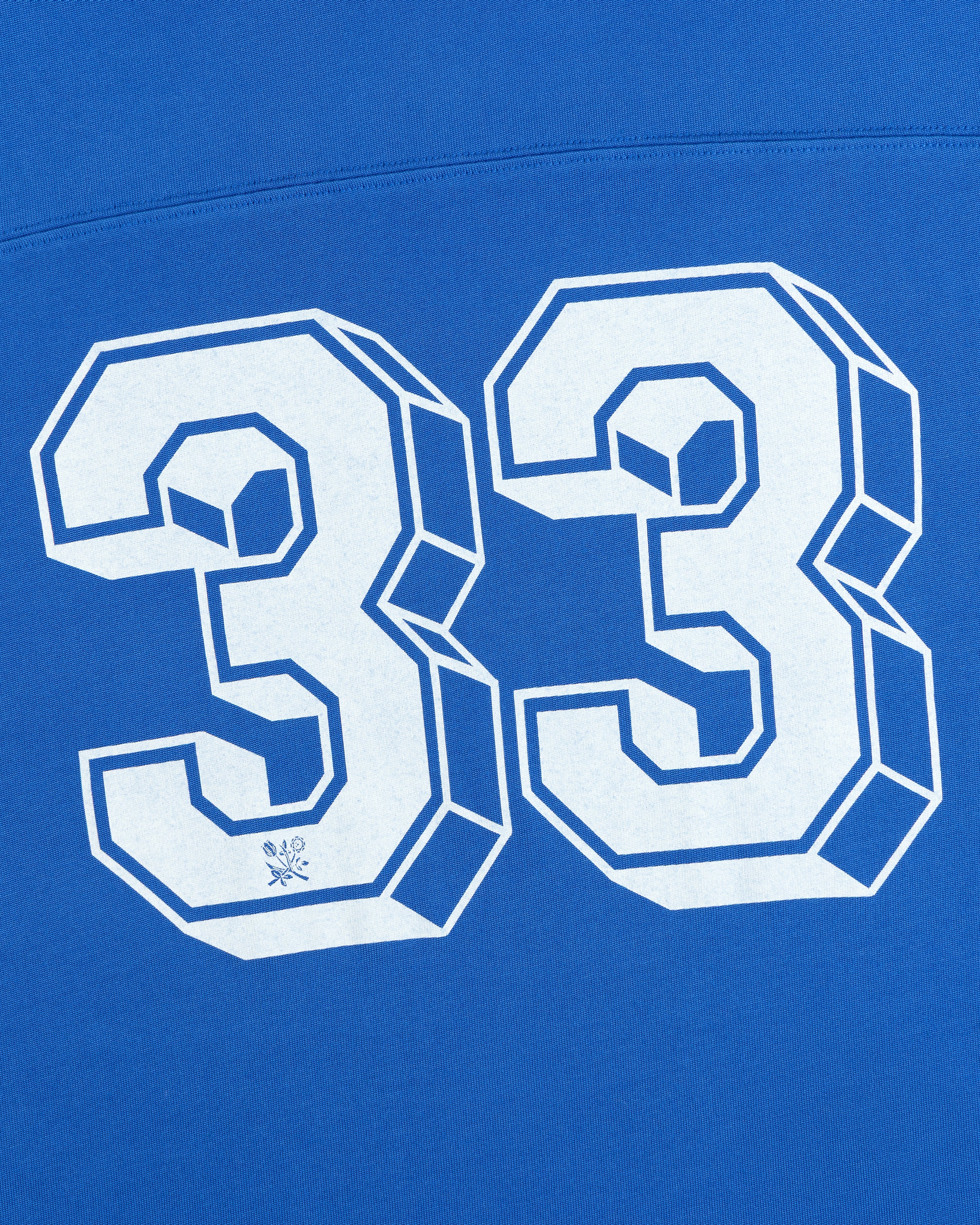 Football Ringer Tee featuring blue fabric with 3D-effect white block-style numbers 33.