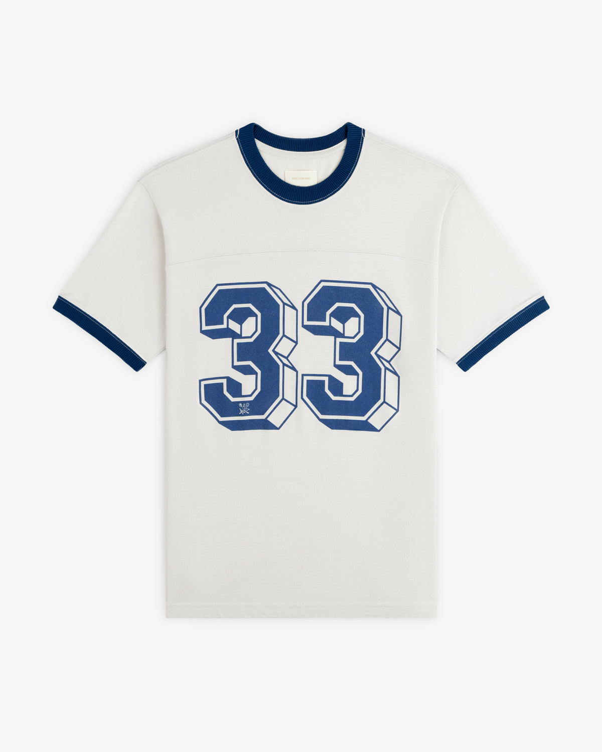 Football Ringer Tee in off-white with blue trim and the number 33 in blue block lettering on the chest.