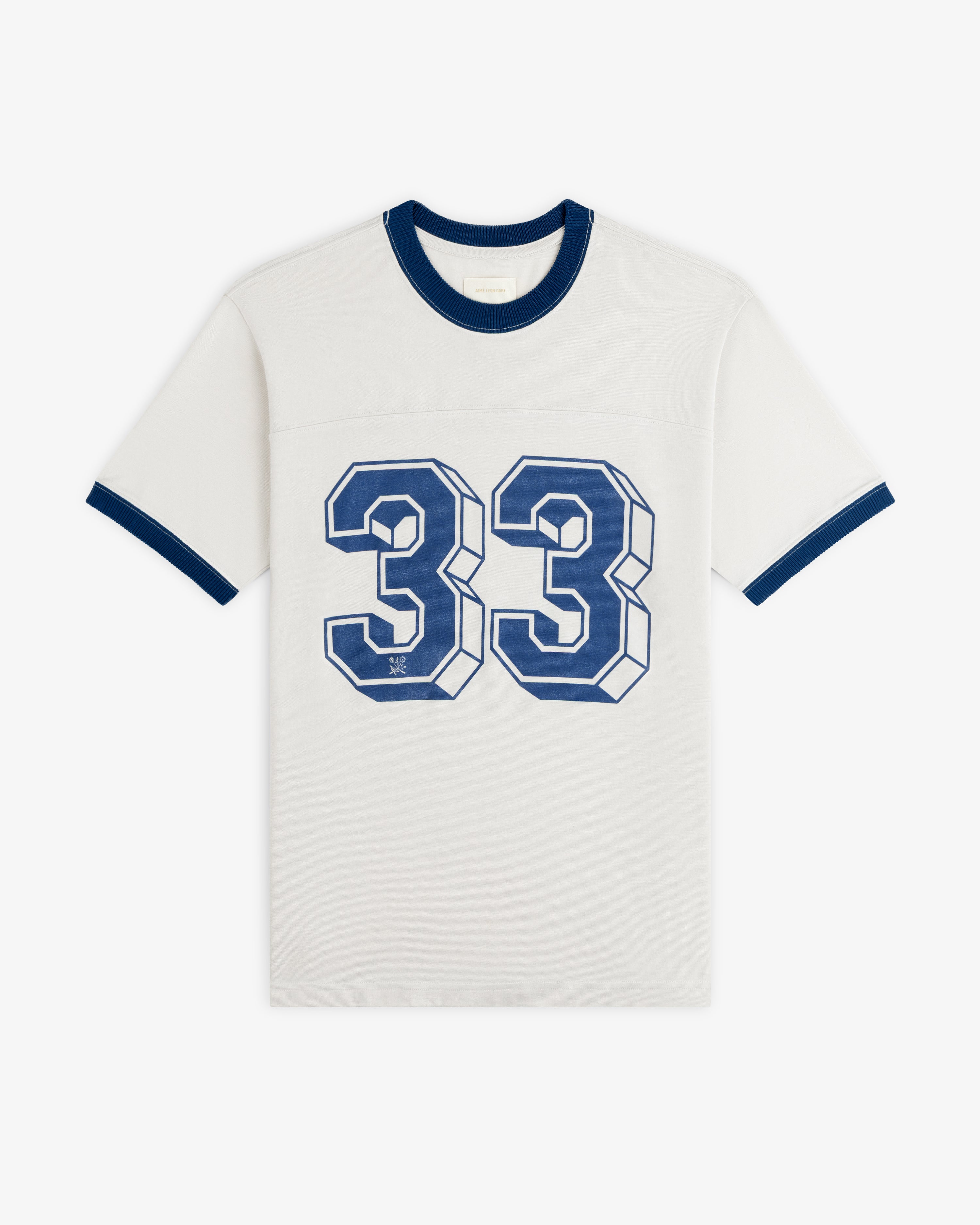 Football Ringer Tee in off-white with blue trim and the number 33 in blue block lettering on the chest.