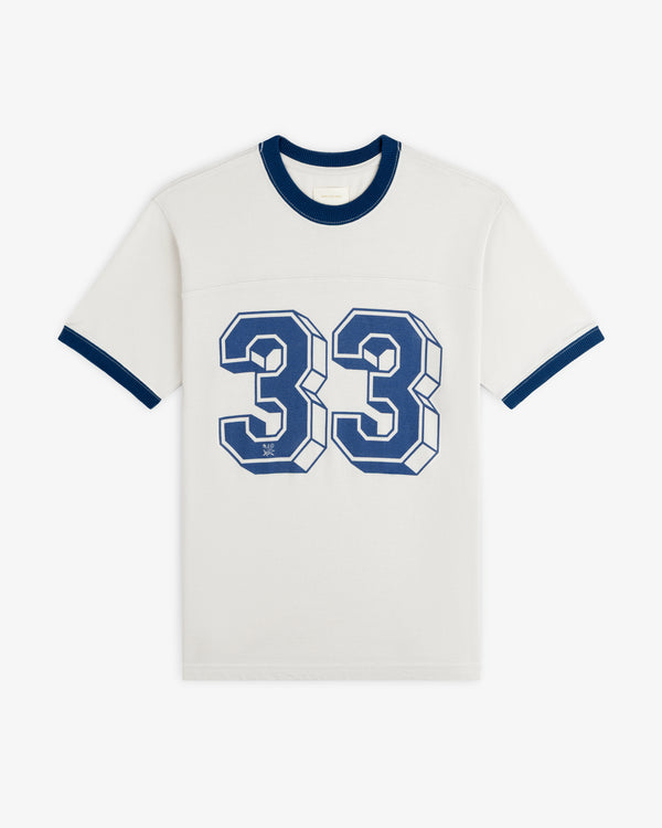 Football Ringer Tee in off-white with blue trim and the number 33 in blue block lettering on the chest.