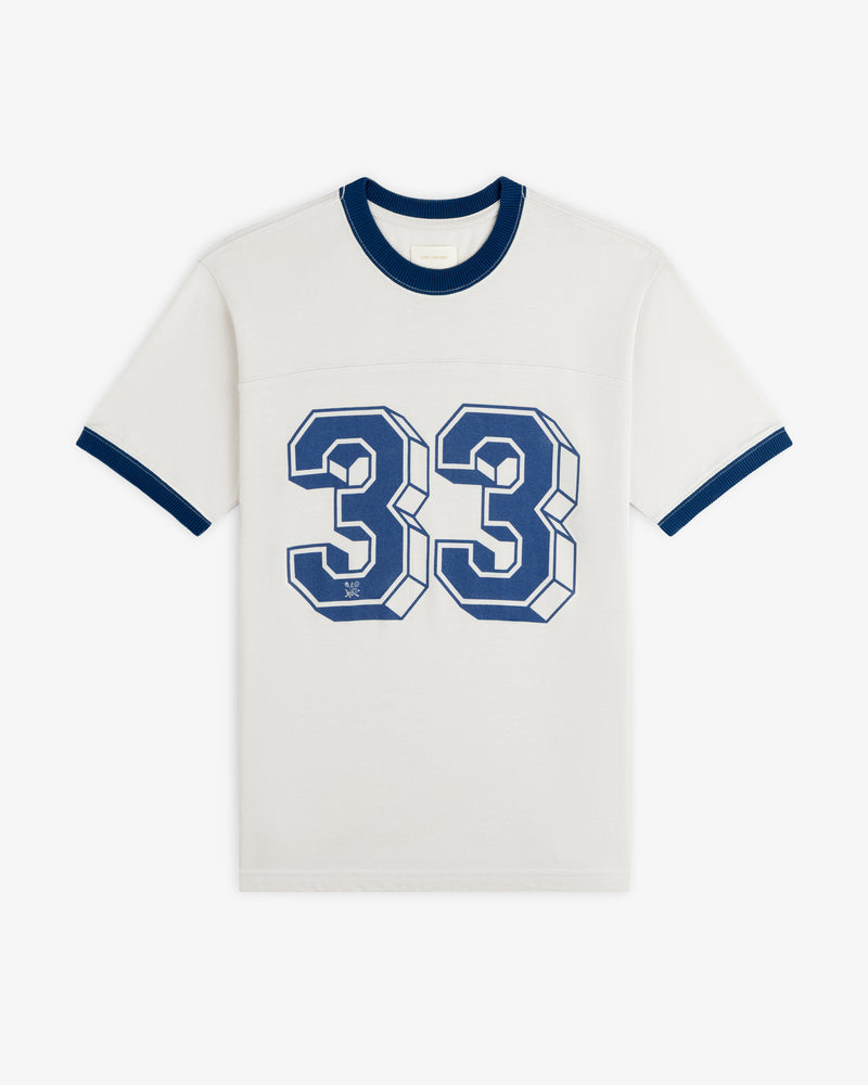 Football Ringer Tee in off-white with blue trim and the number 33 in blue block lettering on the chest.