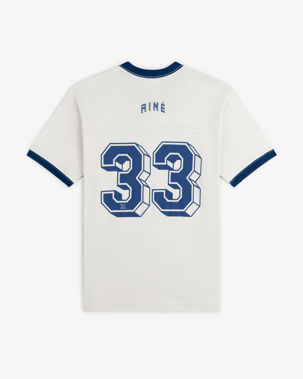 Off-white short-sleeved Football Ringer Tee with blue trim and the number 33 printed in blue on the back.