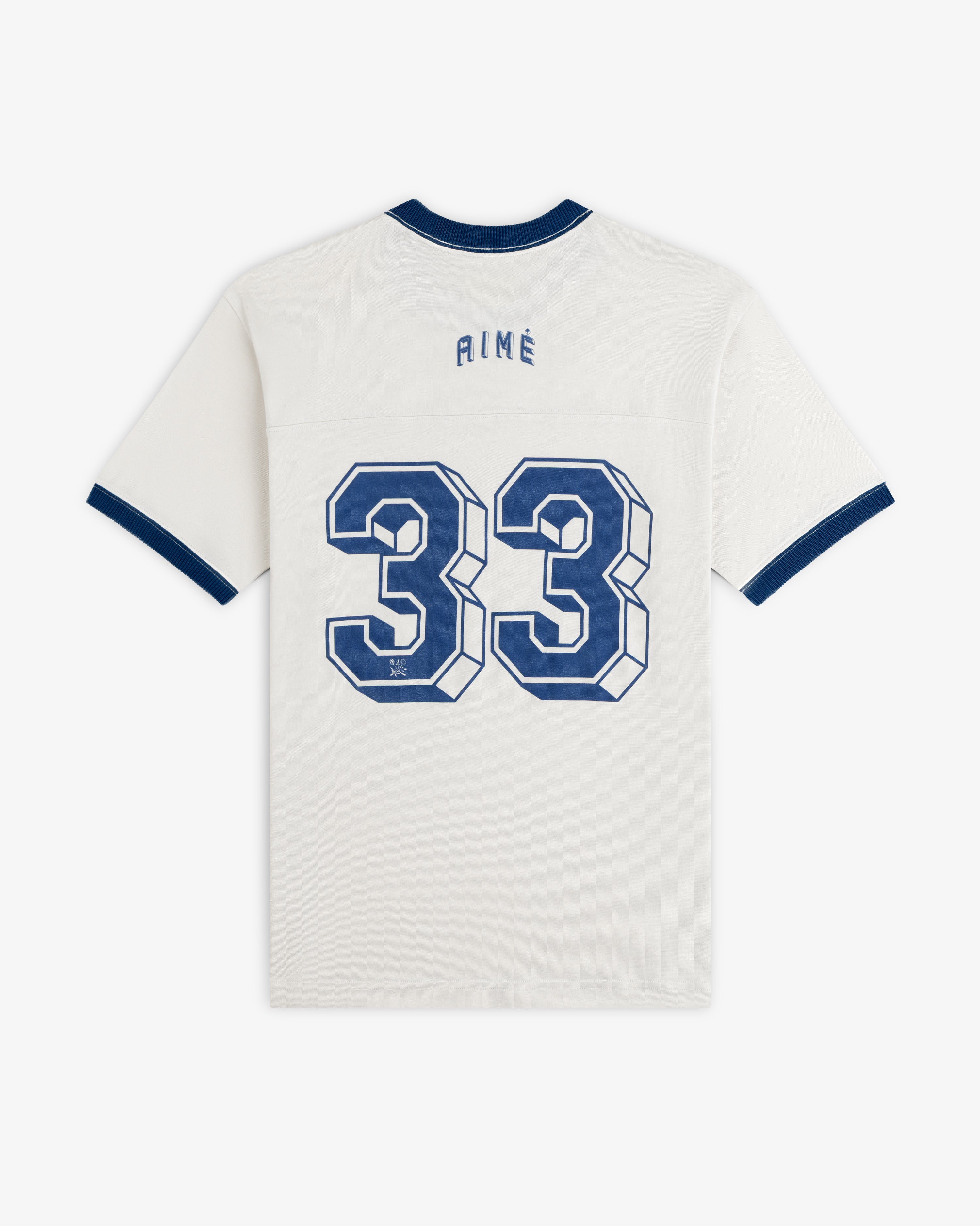 Off-white short-sleeved Football Ringer Tee with blue trim and the number 33 printed in blue on the back.