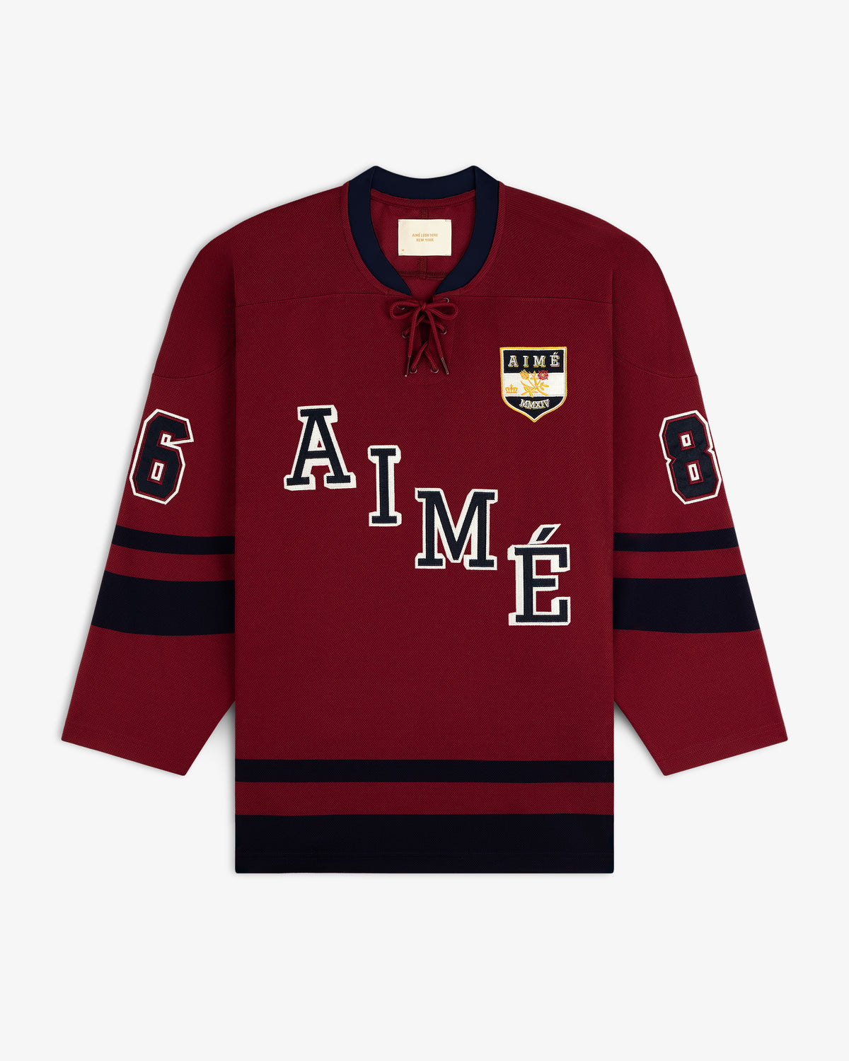 Team Aimé Hockey Jersey: maroon with navy stripes, AIME lettering, number 8 on the sleeves, and a chest patch.