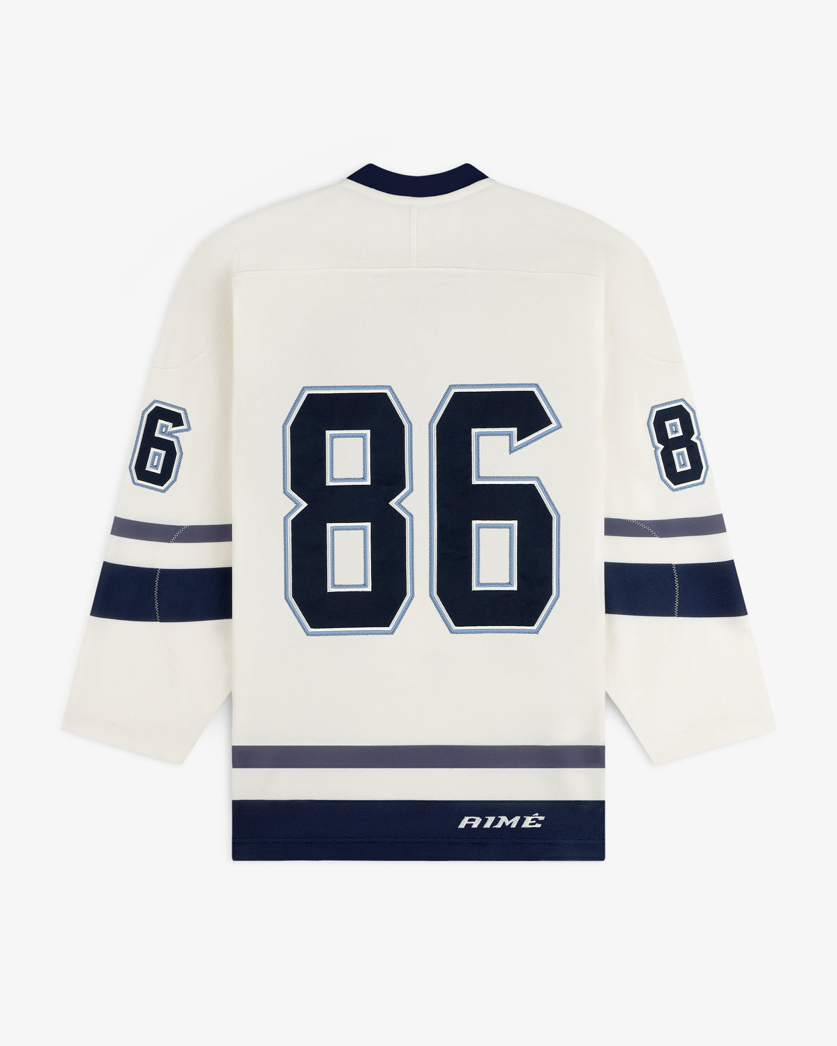Team Aimé Hockey Jersey: off-white with dark blue and grey stripes, number 86 on back and sleeves, Aimé text at the hem.