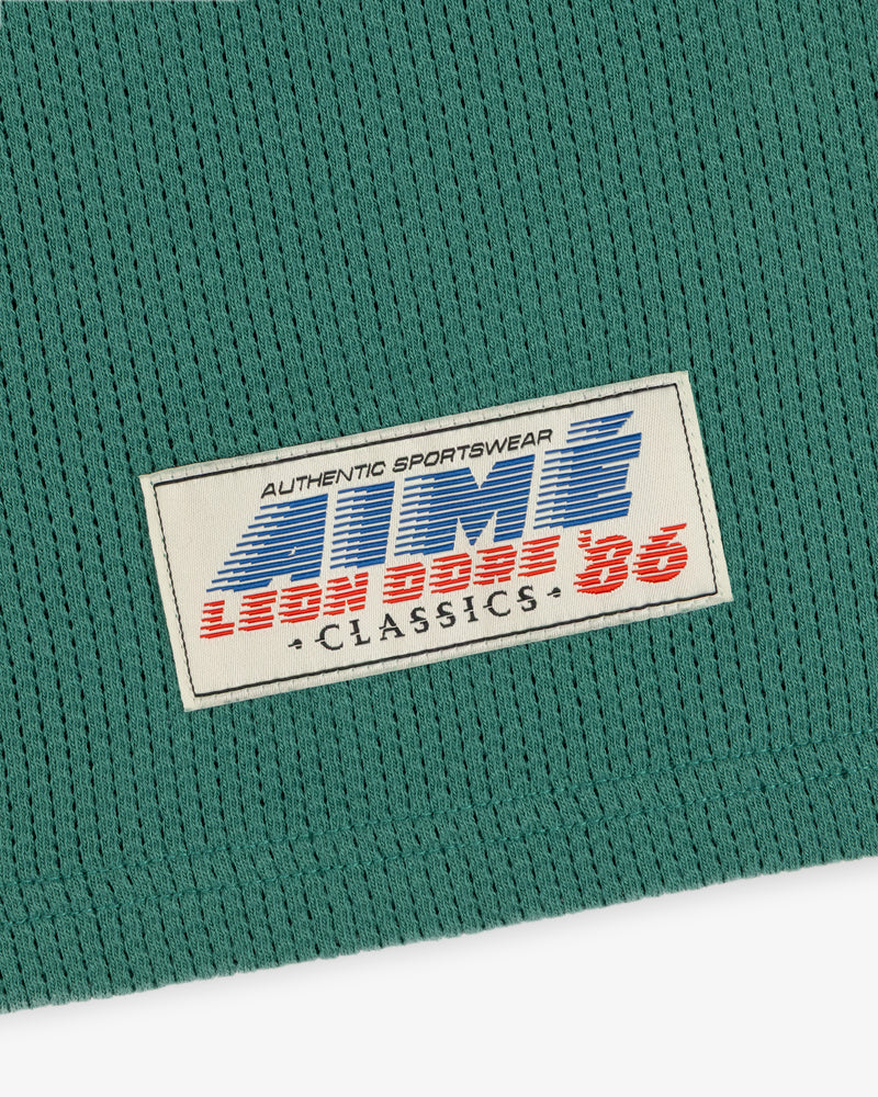 Green Long-Sleeve Mesh Football Tee with white patch: AUTHENTIC SPORTSWEAR LION BASE 86 CLASSICS in blue/red.