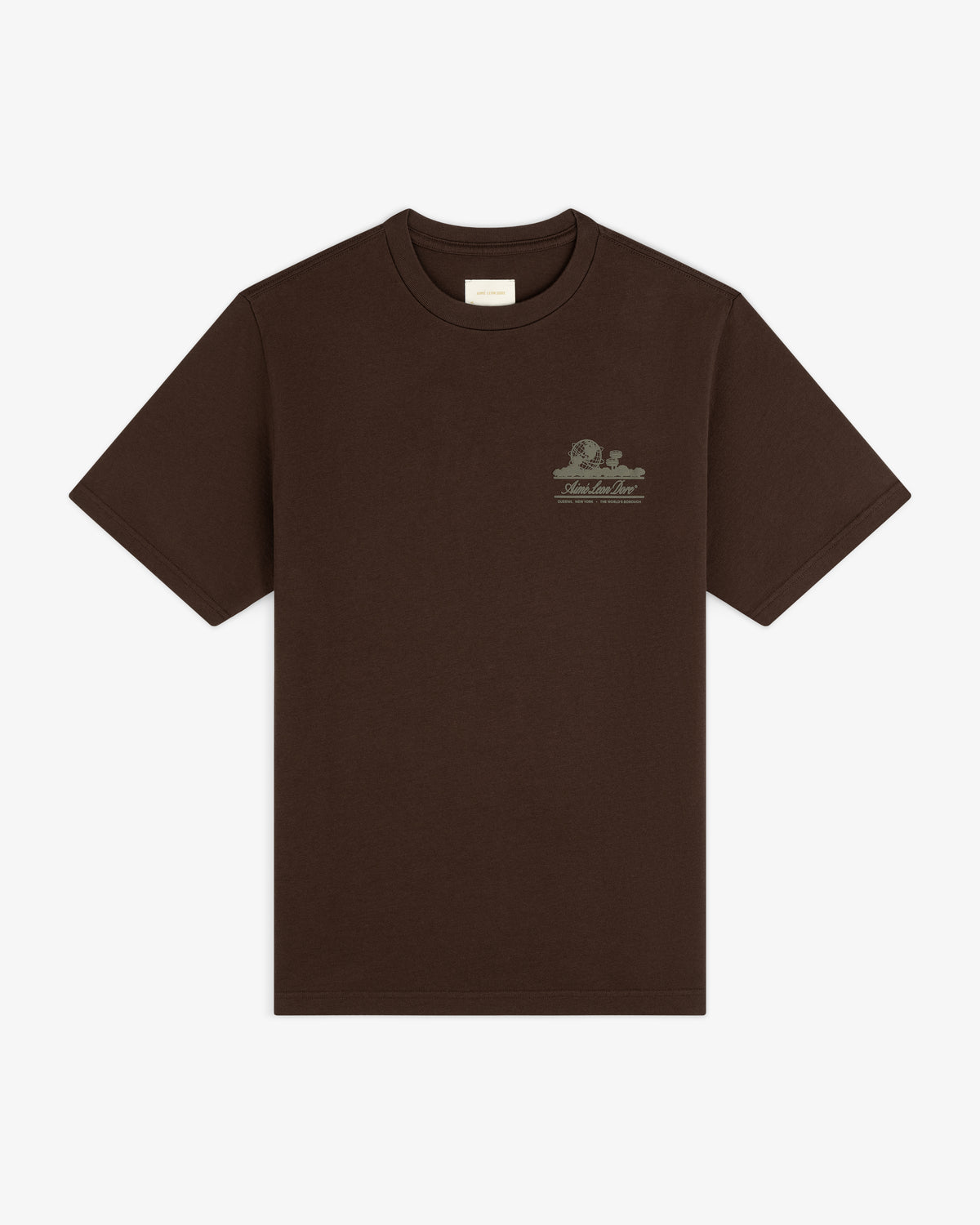 Unisphere Tee: dark brown, short-sleeve with a small light graphic and text on the left chest.