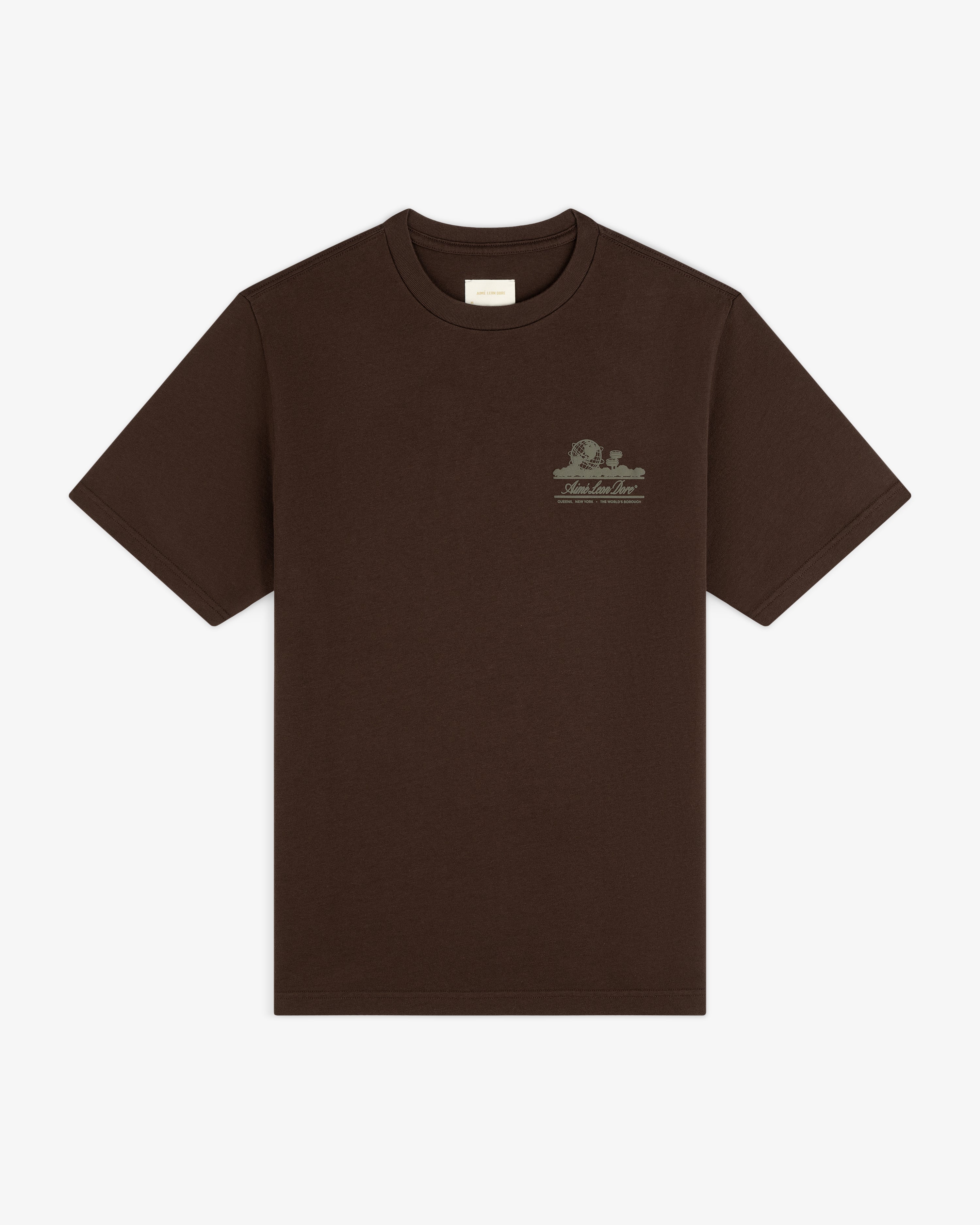Unisphere Tee: dark brown, short-sleeve with a small light graphic and text on the left chest.