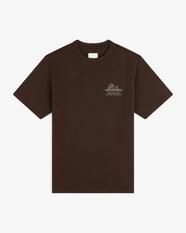 Unisphere Tee: dark brown, short-sleeve with a small light graphic and text on the left chest.