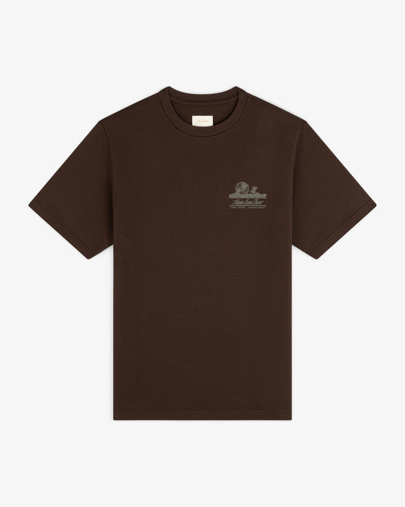 Unisphere Tee: dark brown, short-sleeve with a small light graphic and text on the left chest.