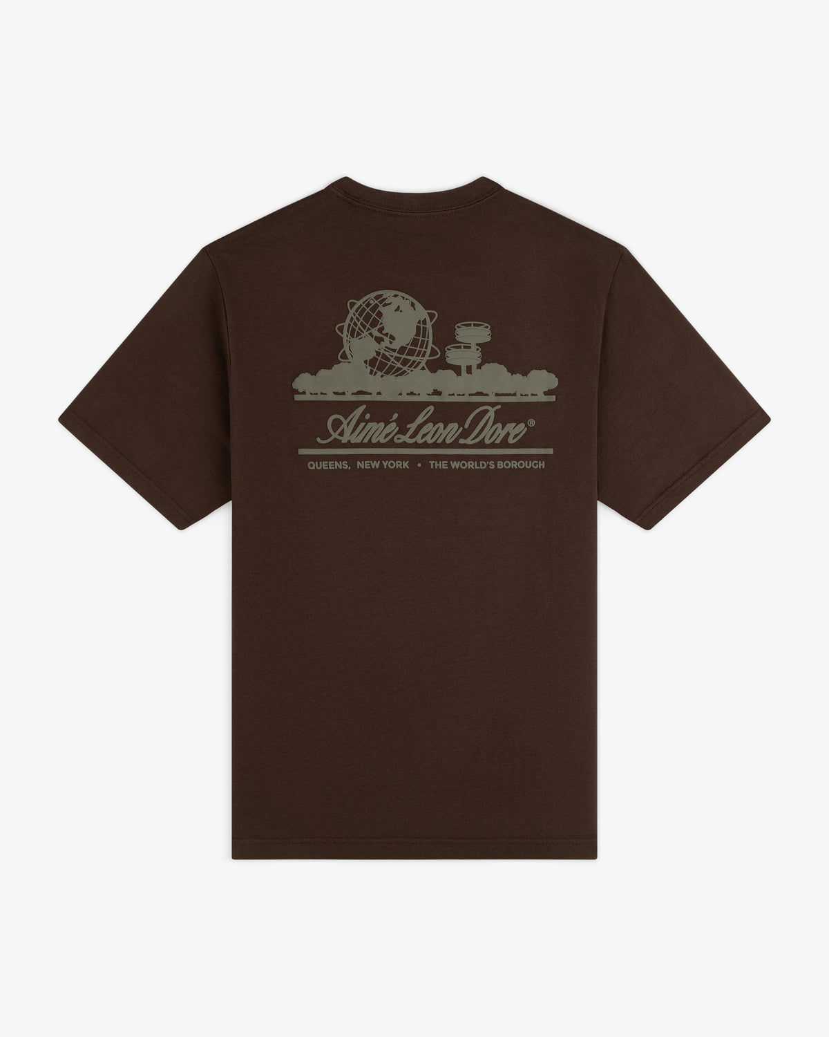 Unisphere Tee in brown with globe, buildings, and Aimé Leon Dore graphic on the back.