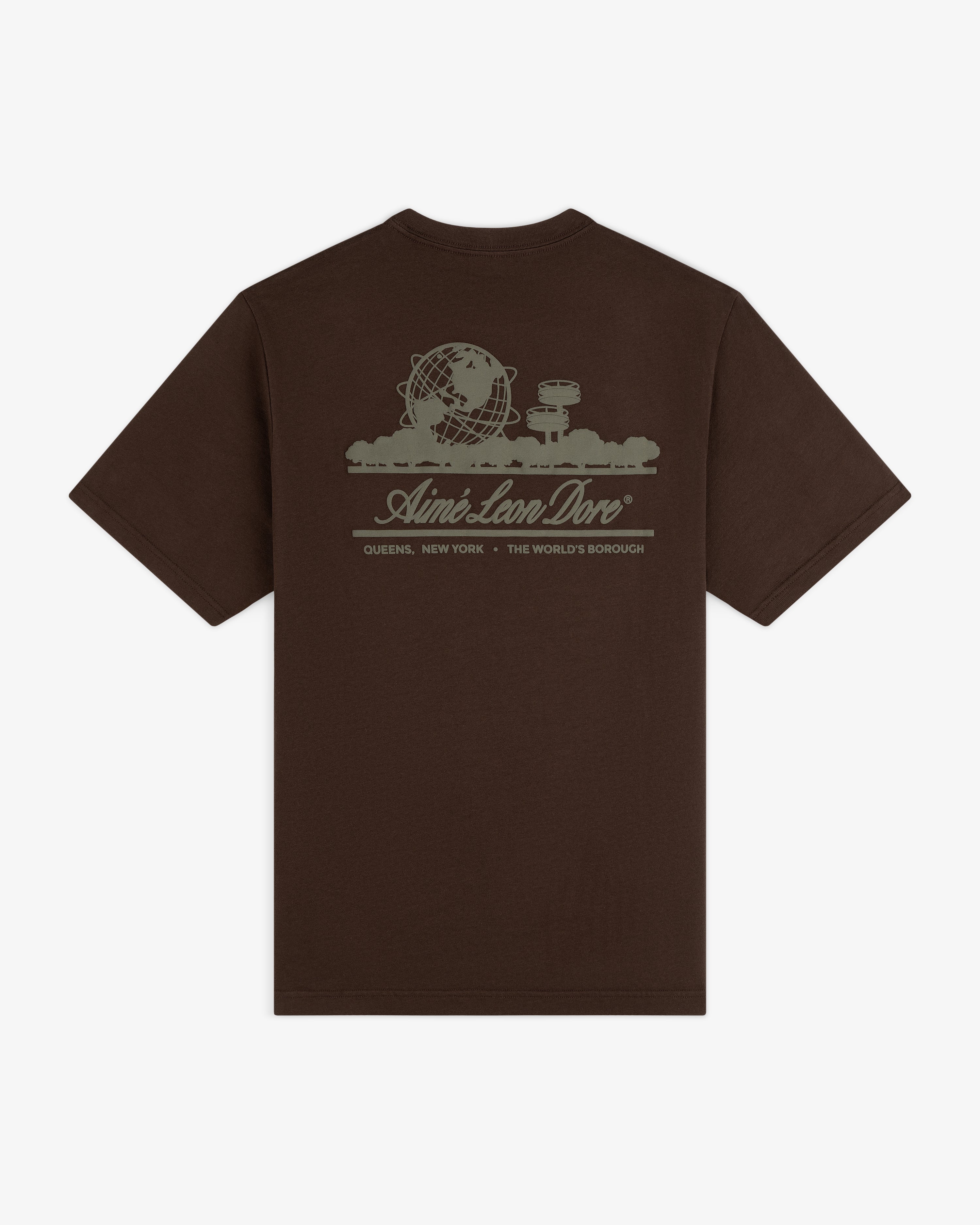 Unisphere Tee in brown with globe, buildings, and Aimé Leon Dore graphic on the back.