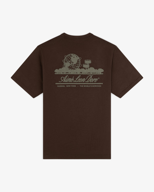 Unisphere Tee in brown with globe, buildings, and Aimé Leon Dore graphic on the back.