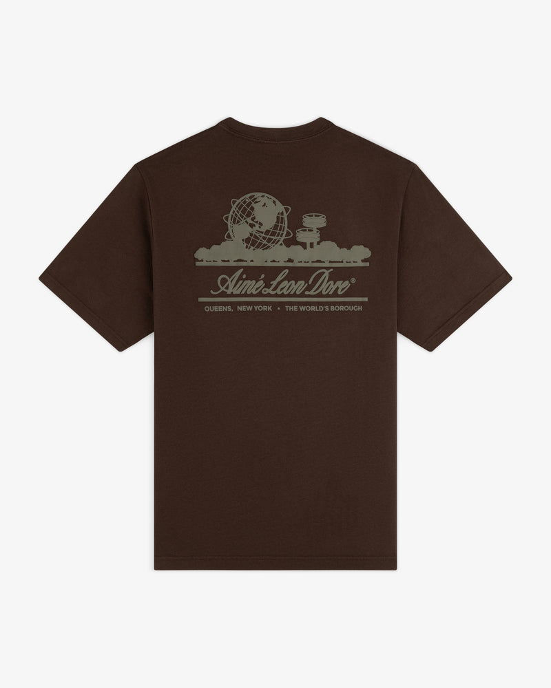 Unisphere Tee in brown with globe, buildings, and Aimé Leon Dore graphic on the back.
