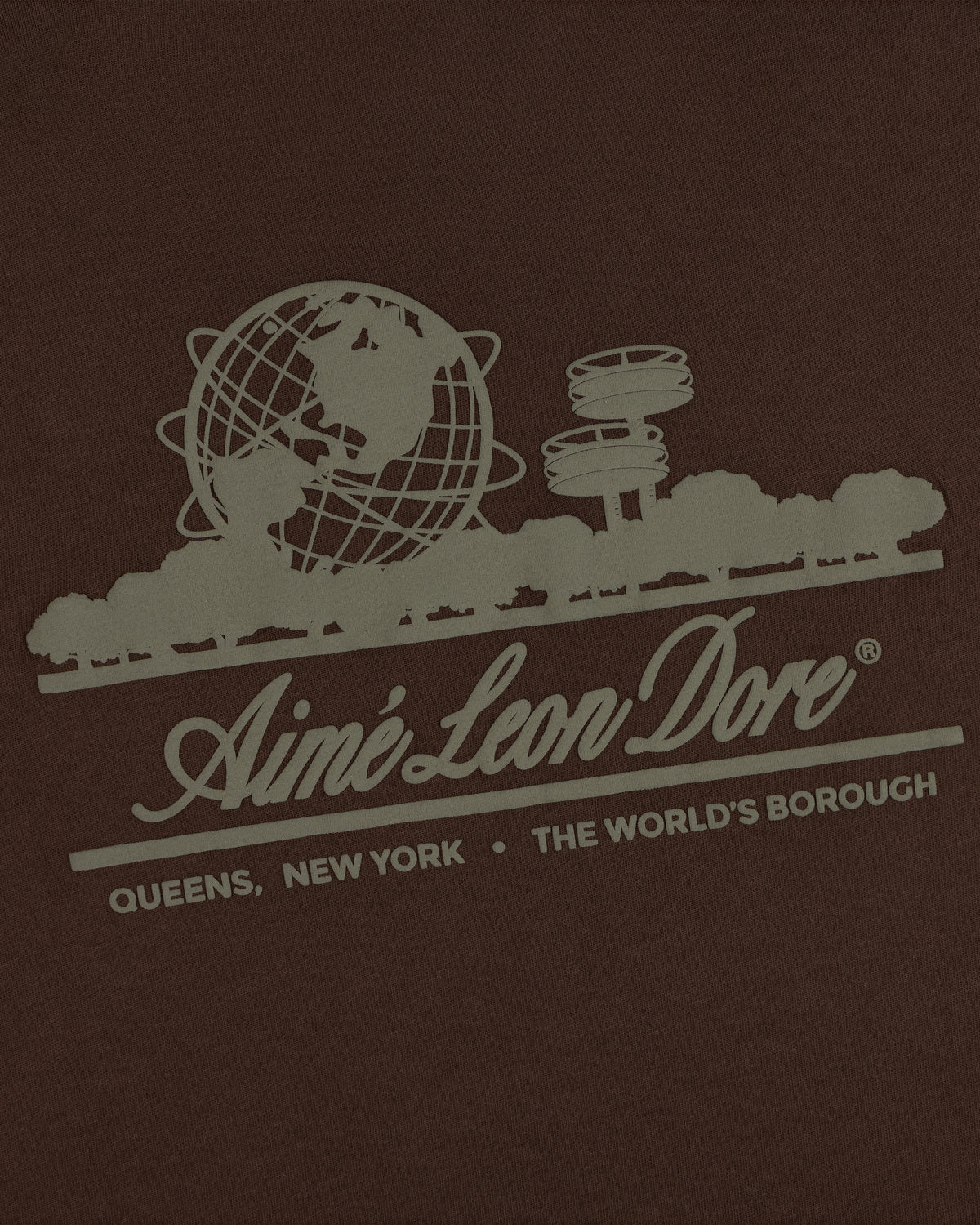 Unisphere Tee: globe, trees, and Aimé Leon Dore text—Queens, NY, The Worlds Borough on a dark background.