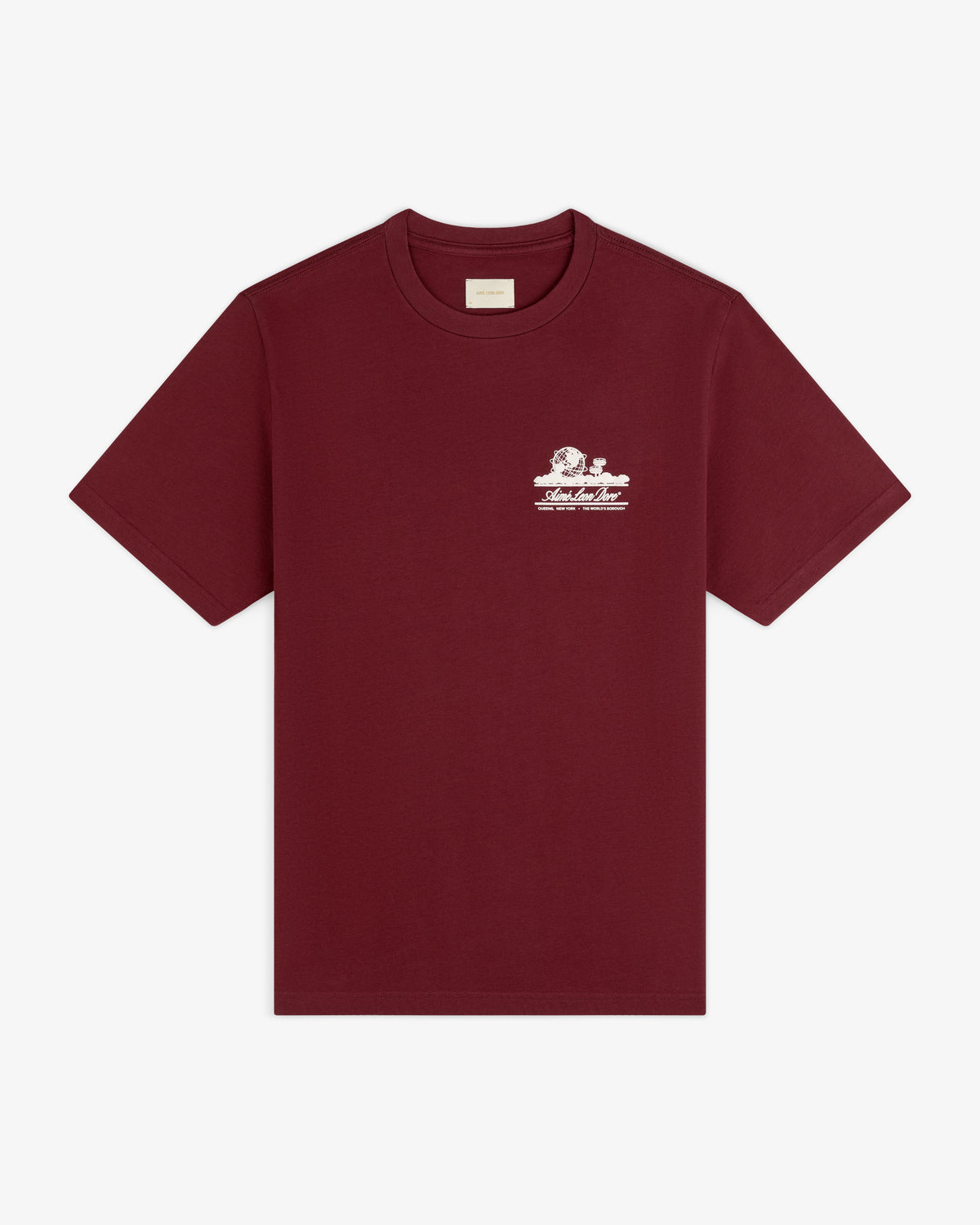 Unisphere Tee in burgundy with a small white graphic and text on the left chest, shown on a white background.