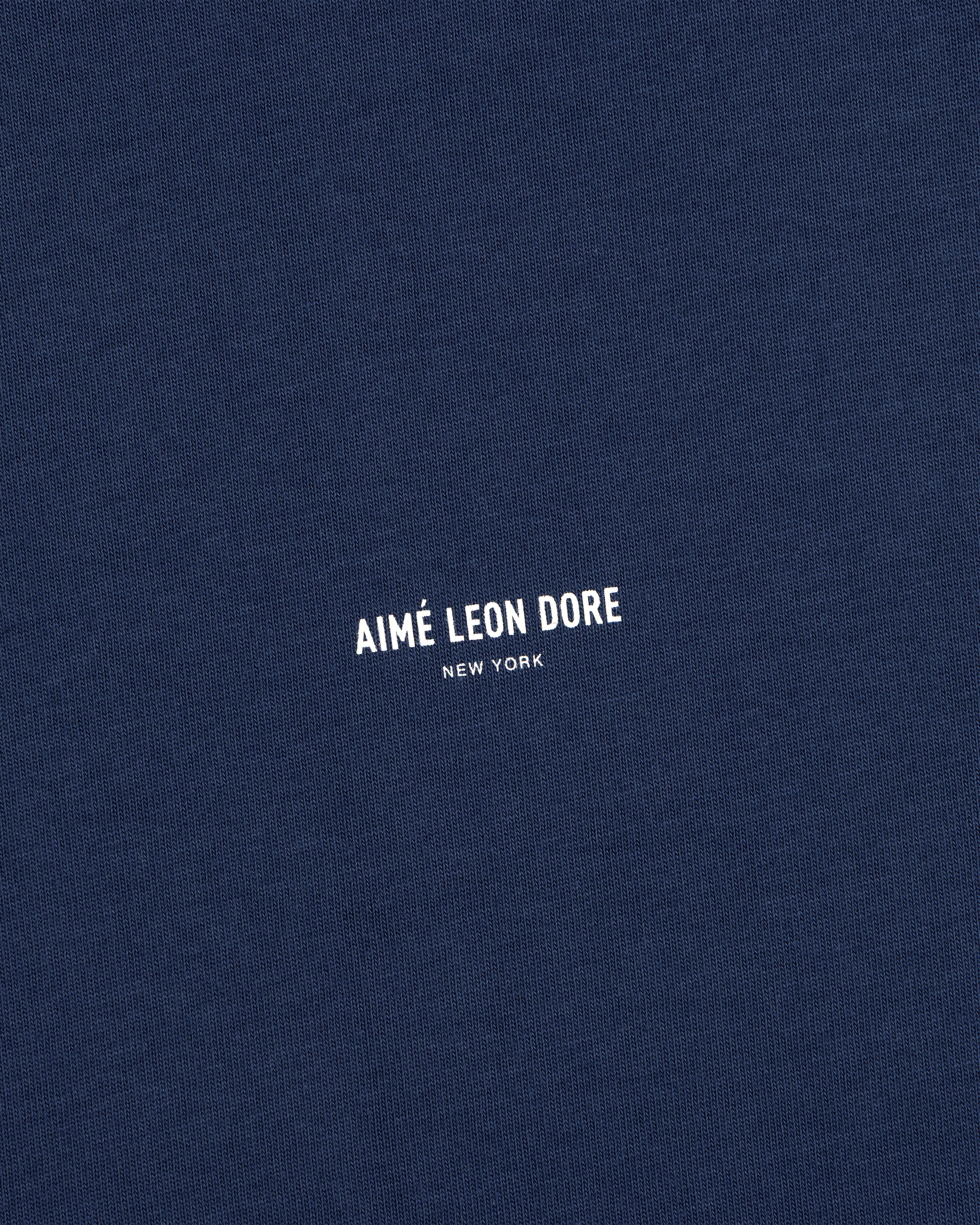 Navy blue Micro Logo Tee with small white AIMÉ LEON DORE NEW YORK print at the center.