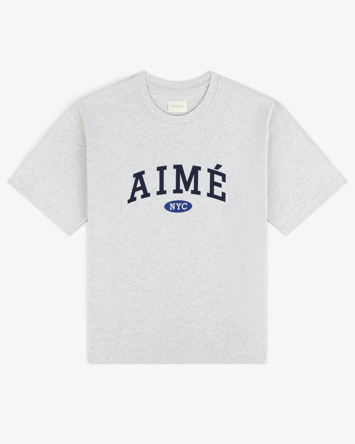 Aimé Souvenir Tee: Gray shirt with large black AIMÉ and small blue NYC oval centered below.