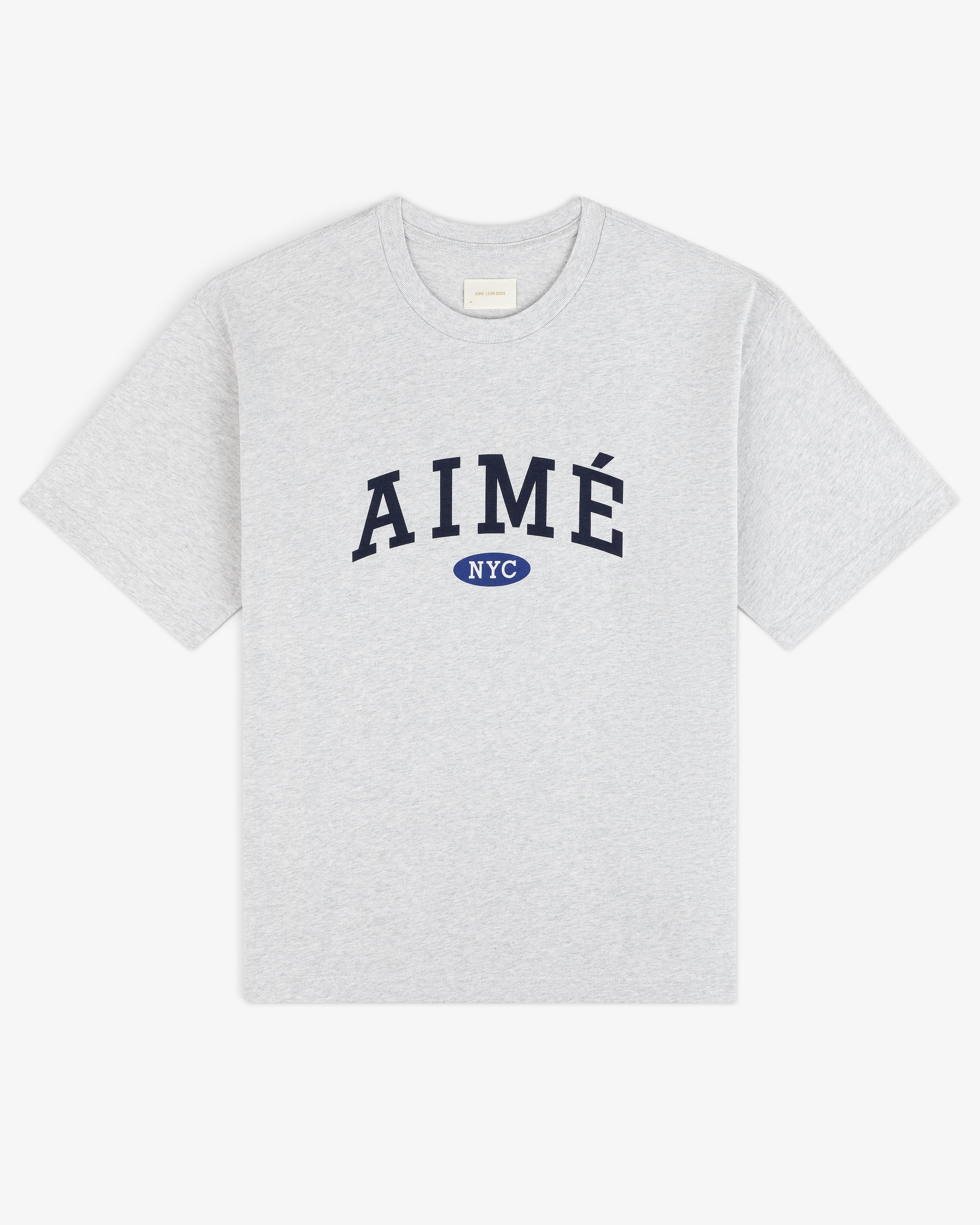 Aimé Souvenir Tee: Gray shirt with large black AIMÉ and small blue NYC oval centered below.