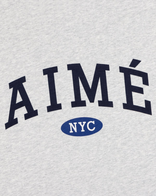 Aimé Souvenir Tee: Gray fabric, black “AIMÉ” text, blue oval “NYC” below.