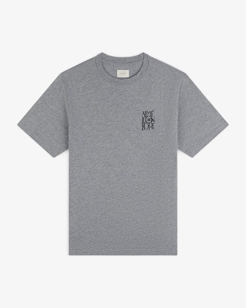 Stacked Logo Slub Tee: gray short-sleeve shirt with black “AIME FOR LOVE” text on the left chest.