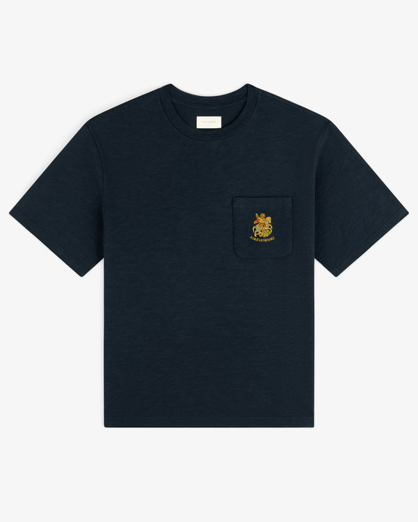Saint George Slub Pocket Tee: Black with chest pocket and yellow-red embroidered emblem.