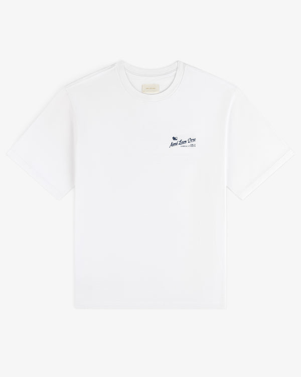 Neighborhood Tee: White short-sleeve tee with small blue logo and text on left chest, shown on plain background.