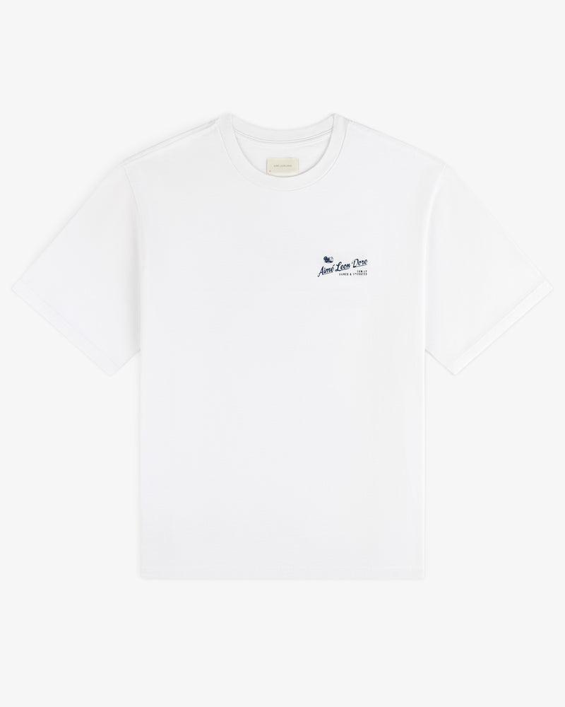 Neighborhood Tee: White short-sleeve tee with small blue logo and text on left chest, shown on plain background.