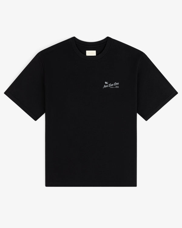 Neighborhood Tee in black with subtle white chest text, short sleeves, displayed flat on a white background.