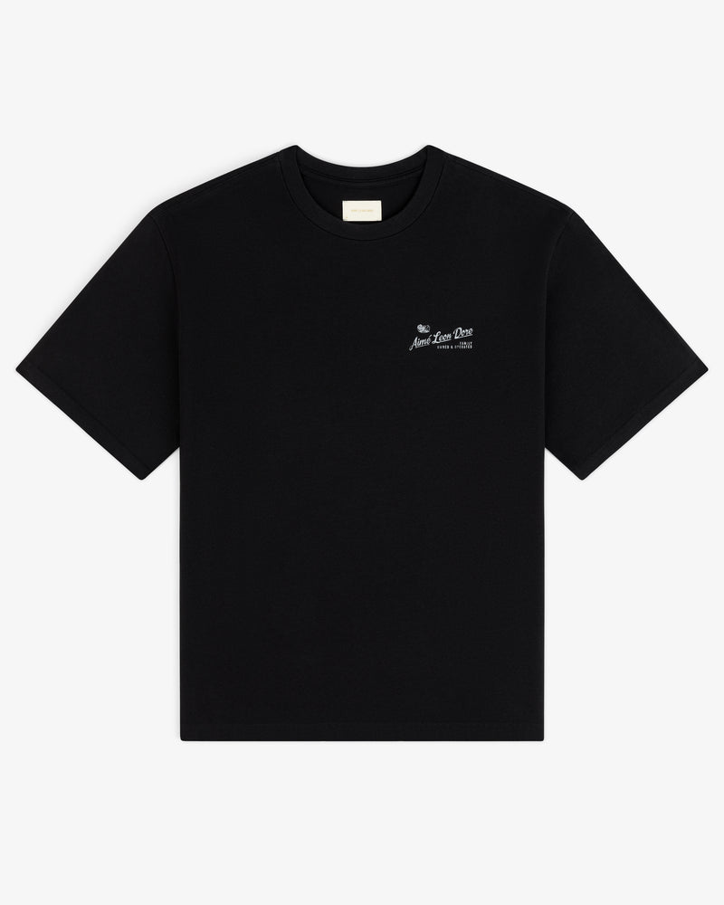Neighborhood Tee in black with subtle white chest text, short sleeves, displayed flat on a white background.