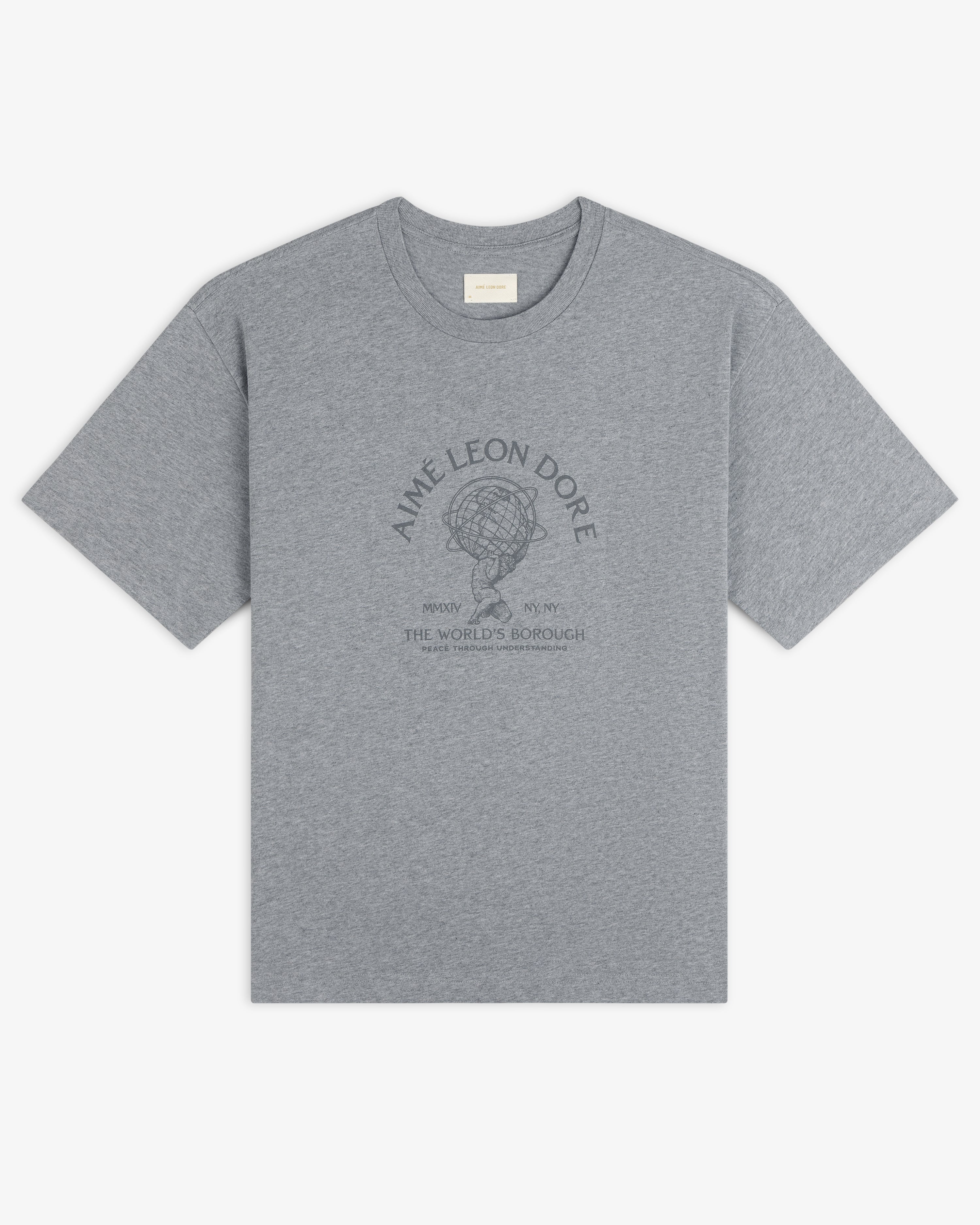 Atlas Melange Tee: grey short-sleeve t-shirt with a graphic of a hand holding a globe and printed text on the chest.