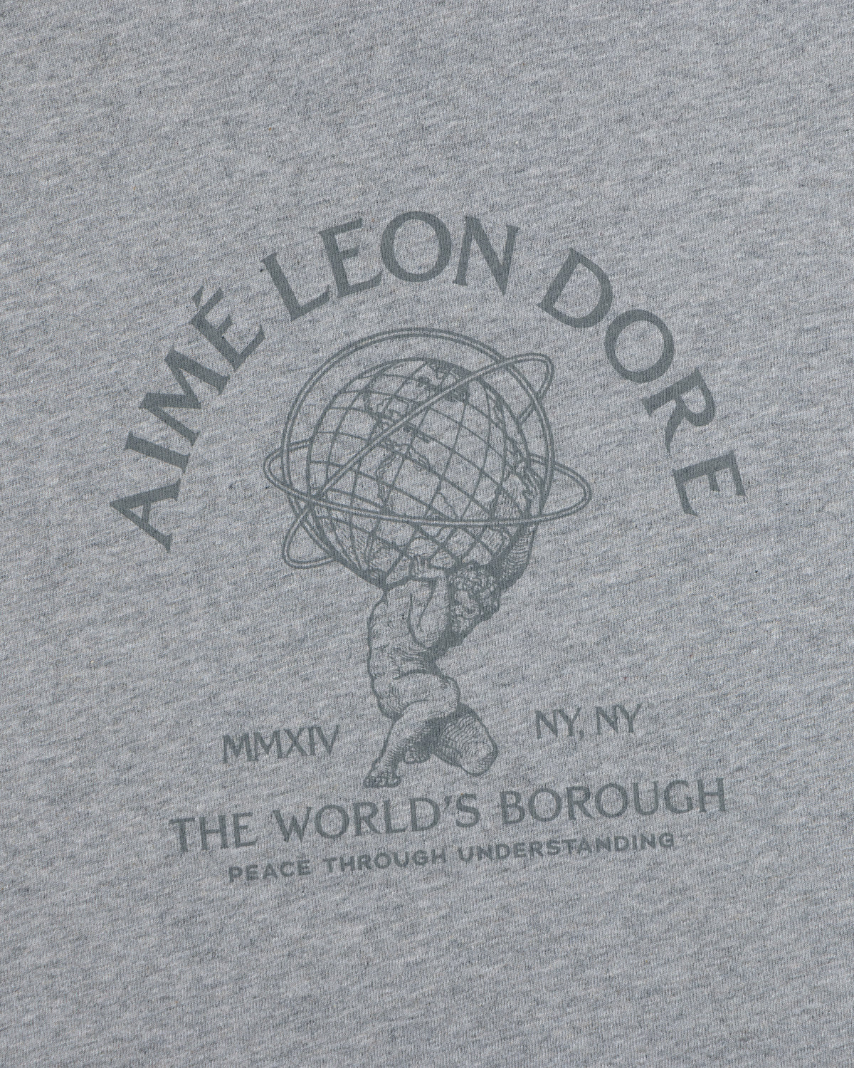 Grey Atlas Melange Tee featuring a screen-printed graphic of Atlas holding a globe, surrounded by Aimé Leon Dore text.