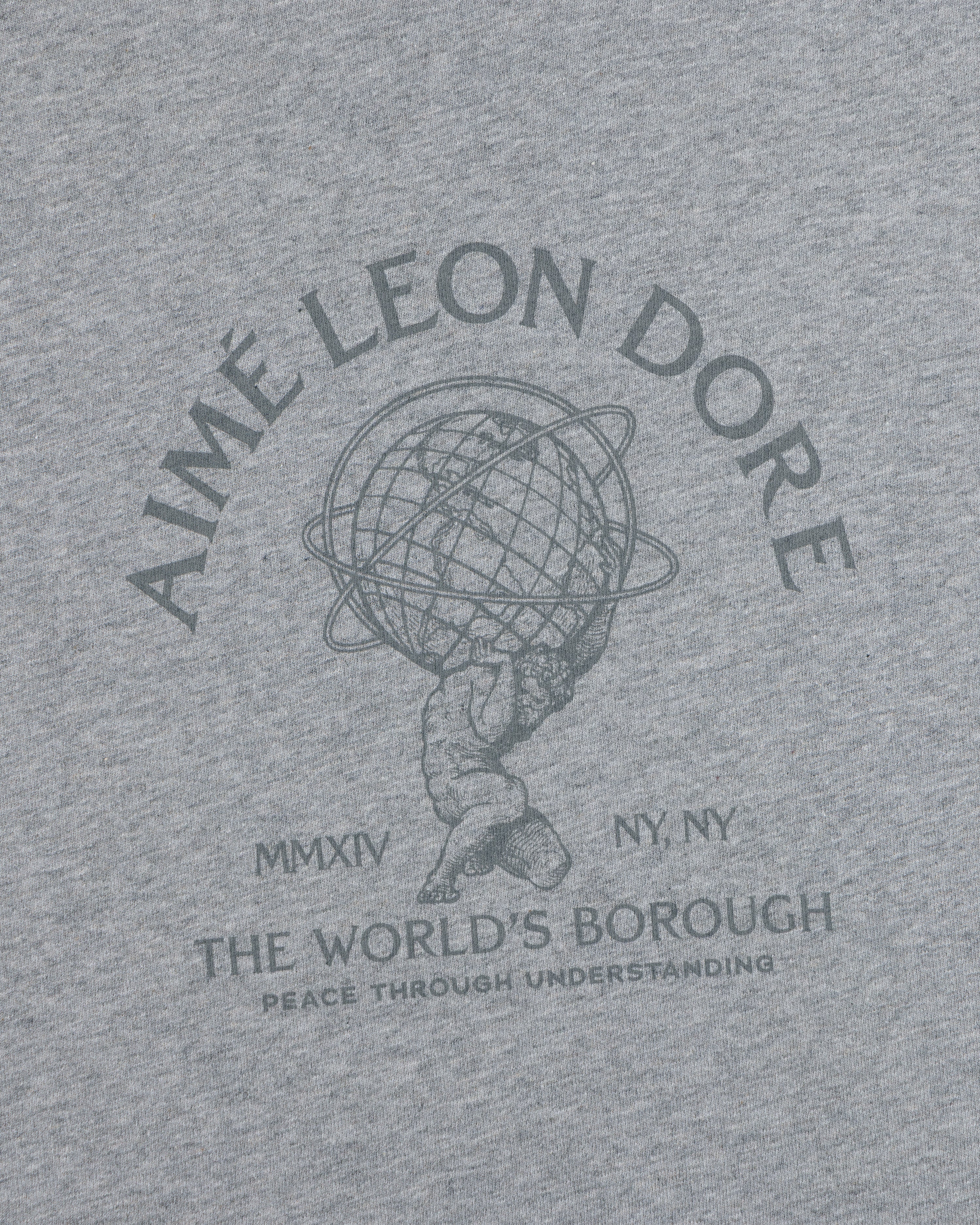 Grey Atlas Melange Tee featuring a screen-printed graphic of Atlas holding a globe, surrounded by Aimé Leon Dore text.