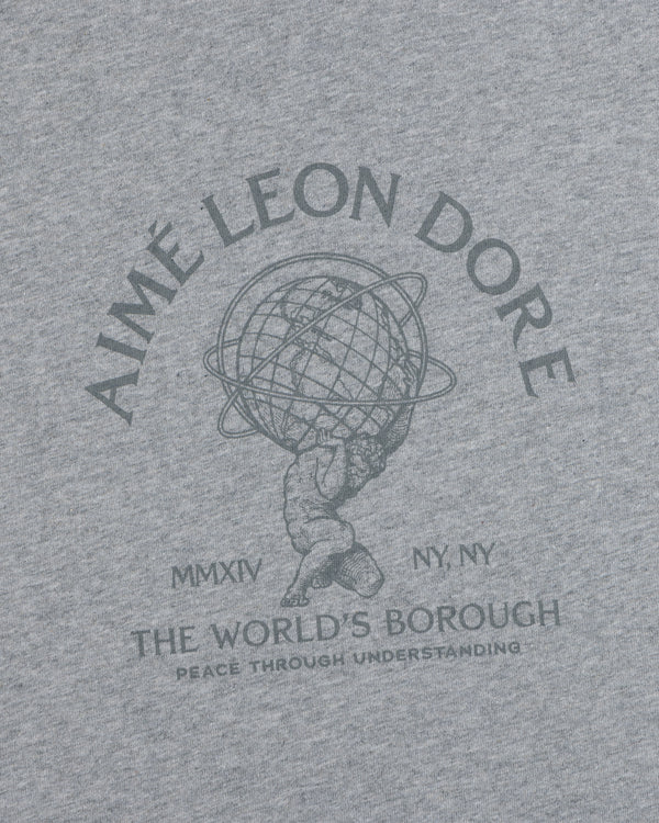 Grey Atlas Melange Tee featuring a screen-printed graphic of Atlas holding a globe, surrounded by Aimé Leon Dore text.