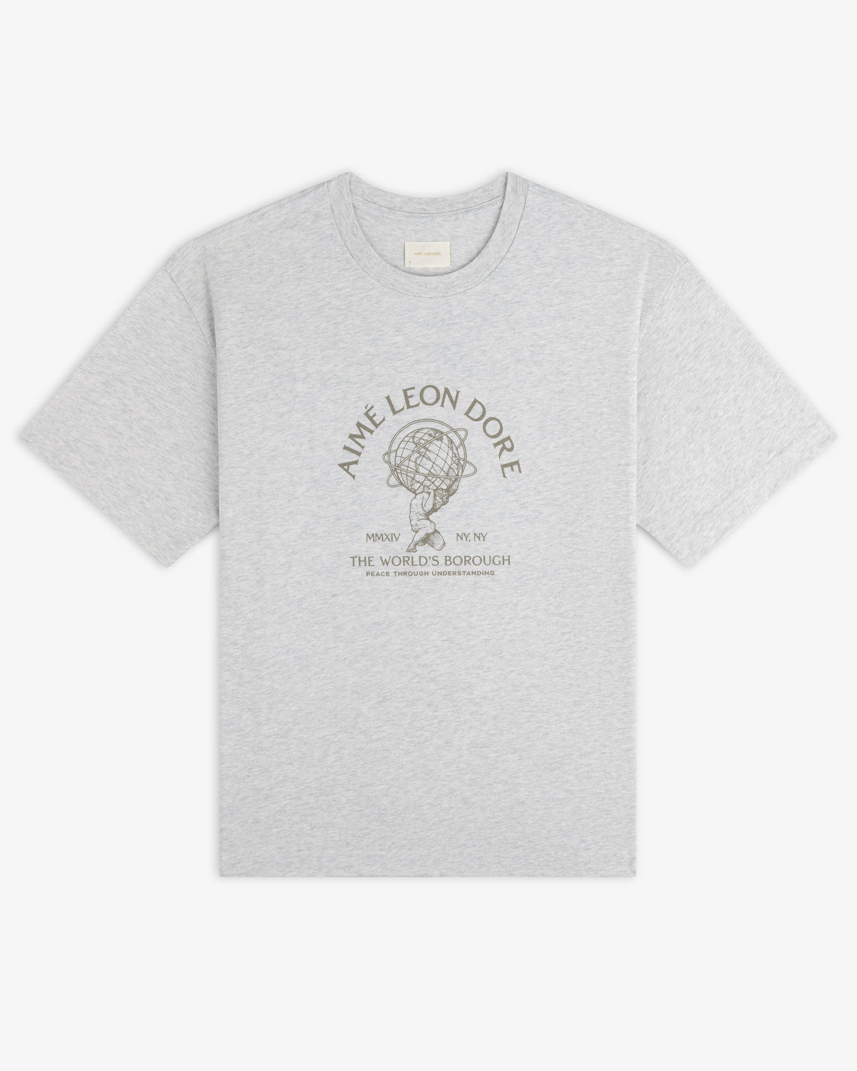 Atlas Melange Tee: a light gray crewneck t-shirt with a graphic of a person holding a globe and chest text.