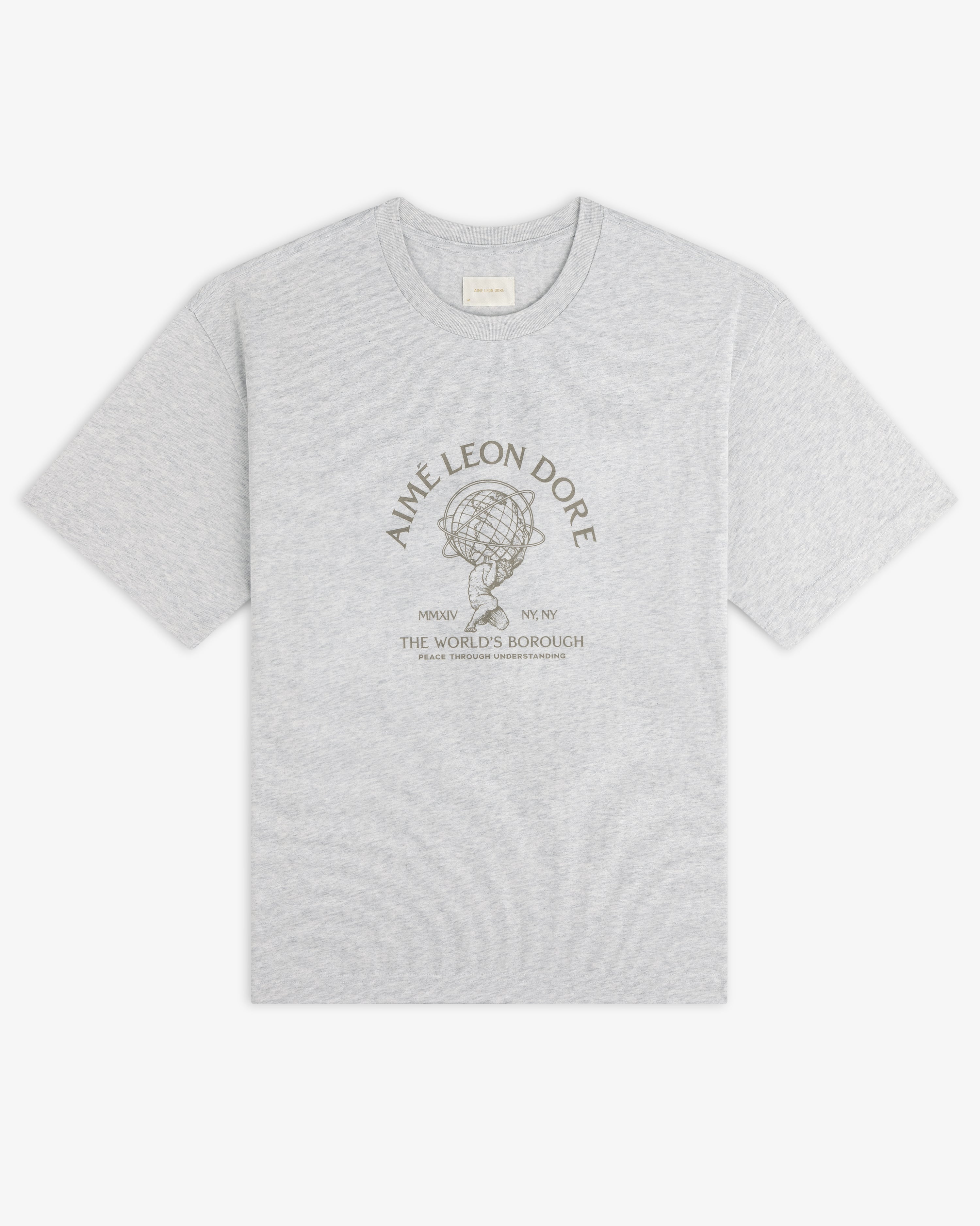 Atlas Melange Tee: a light gray crewneck t-shirt with a graphic of a person holding a globe and chest text.