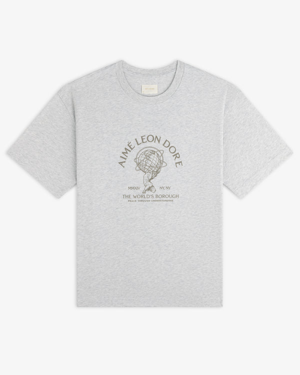 Atlas Melange Tee: a light gray crewneck t-shirt with a graphic of a person holding a globe and chest text.