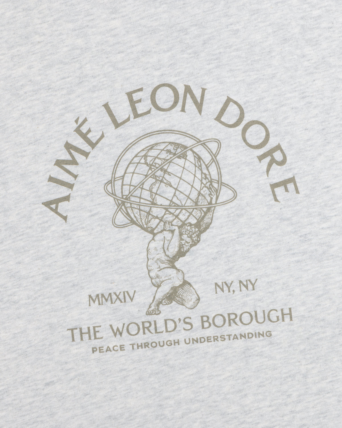 Atlas Melange Tee: a gray heather t-shirt featuring a graphic of Atlas holding a globe and Aimé Leon Dore text.