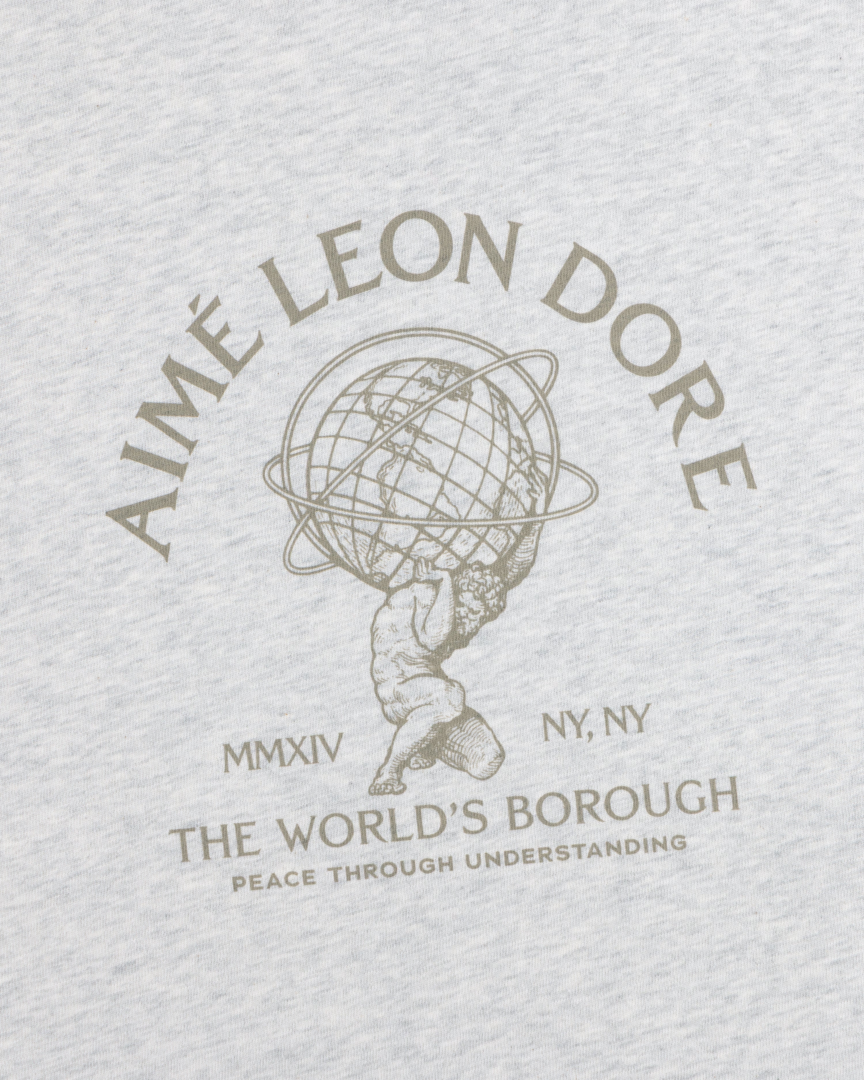 Atlas Melange Tee: a gray heather t-shirt featuring a graphic of Atlas holding a globe and Aimé Leon Dore text.