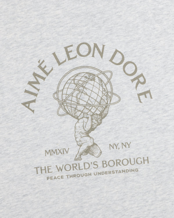 Atlas Melange Tee: a gray heather t-shirt featuring a graphic of Atlas holding a globe and Aimé Leon Dore text.