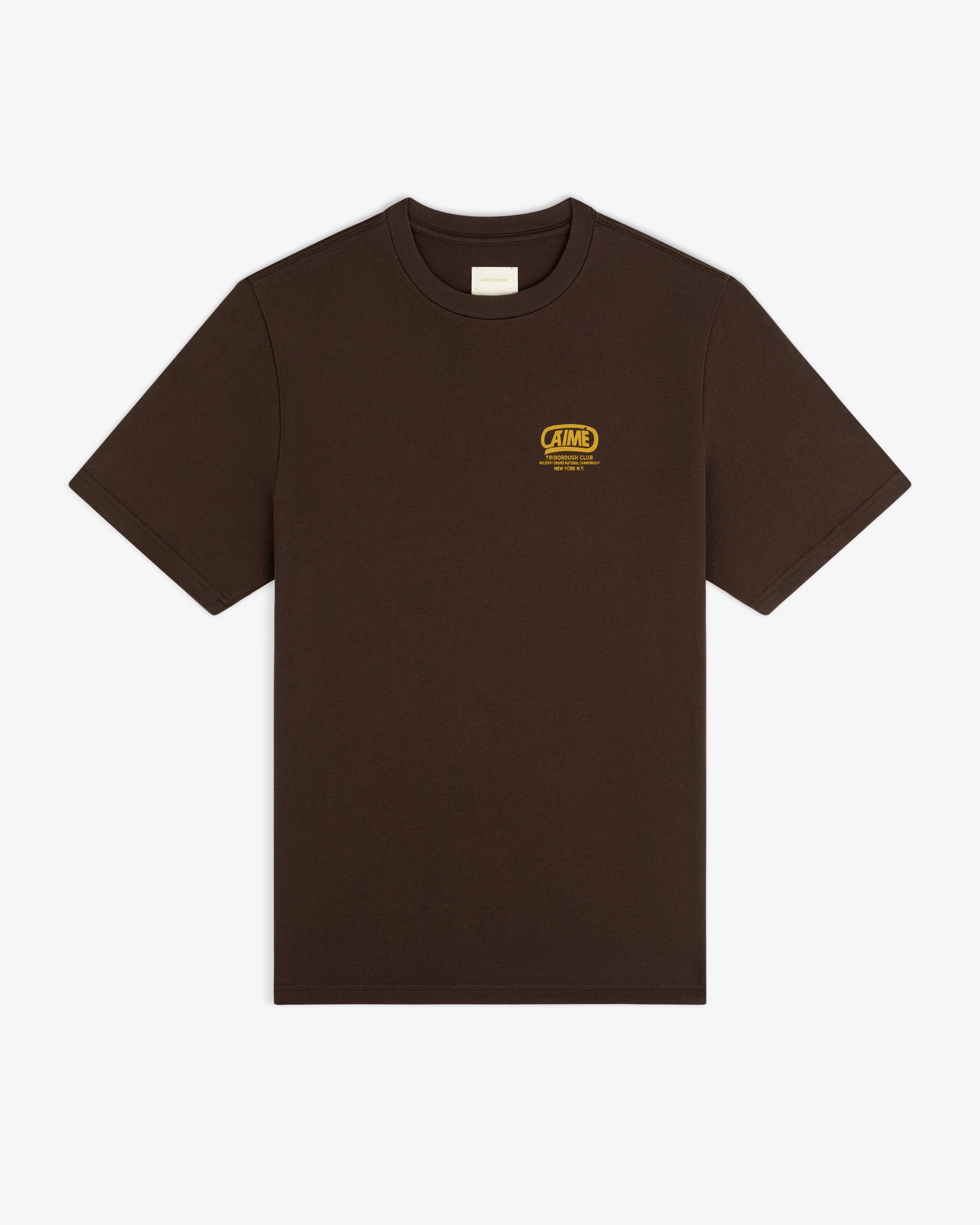 Dark brown Triborough Club Tee with short sleeves and a yellow logo on the left chest.