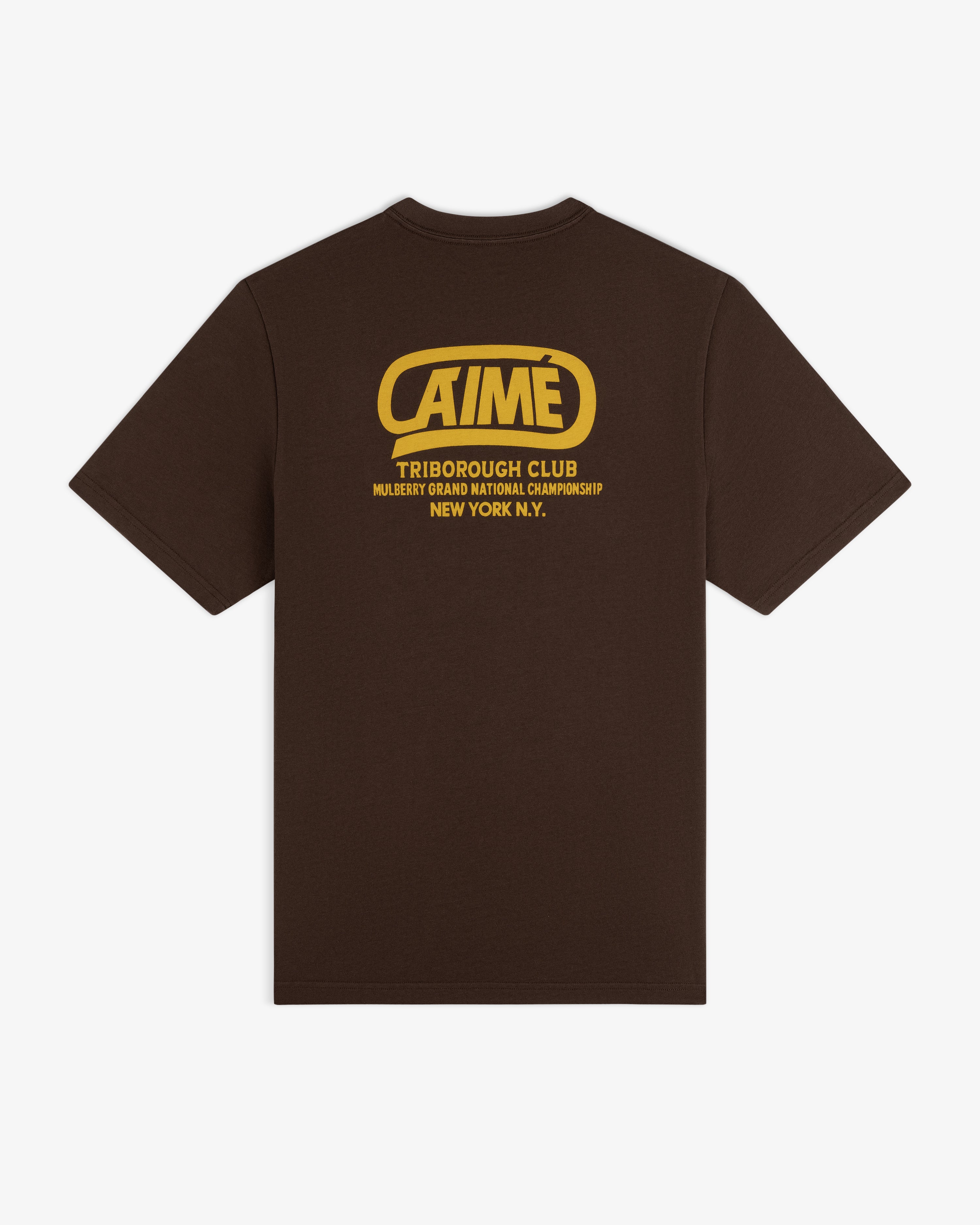 Brown short-sleeved Triborough Club Tee with yellow graphic text on the back.