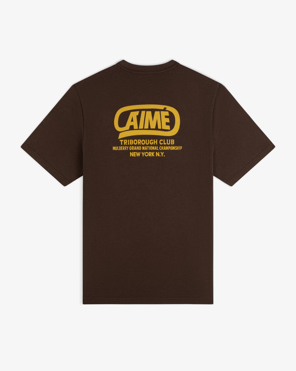 Brown short-sleeved Triborough Club Tee with yellow graphic text on the back.