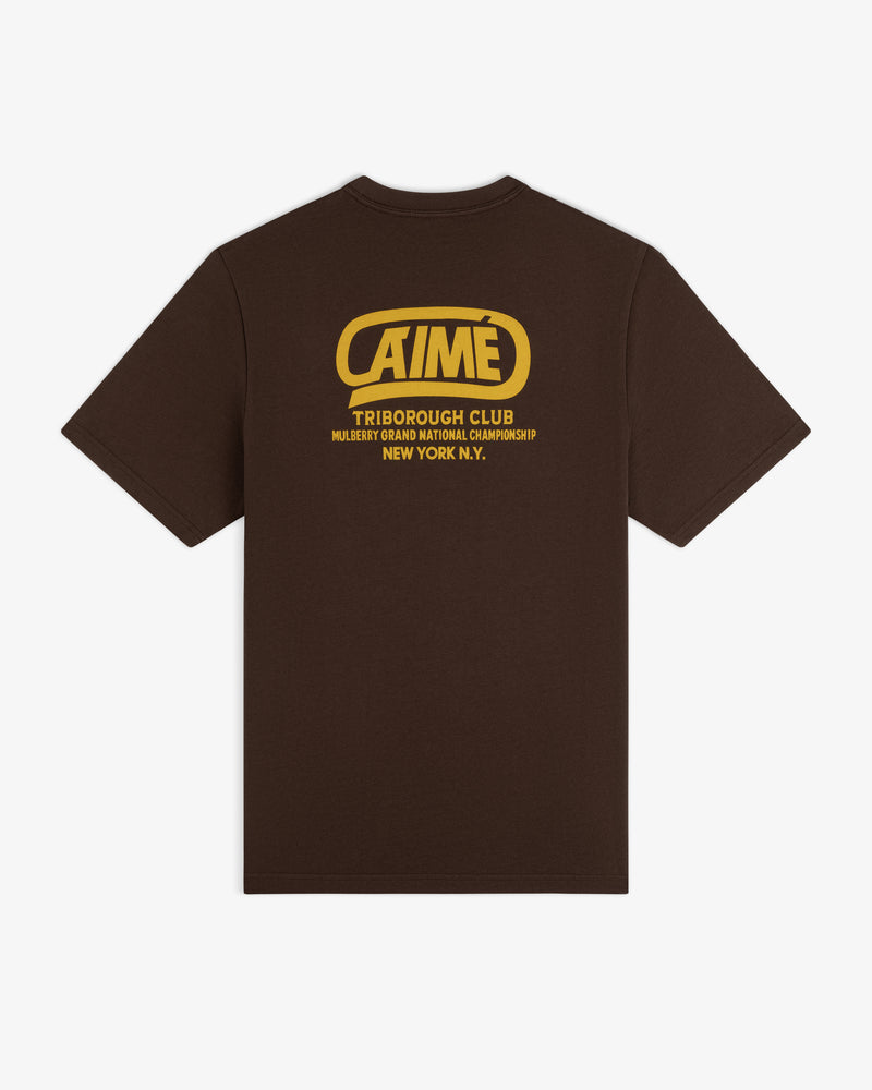 Brown short-sleeved Triborough Club Tee with yellow graphic text on the back.